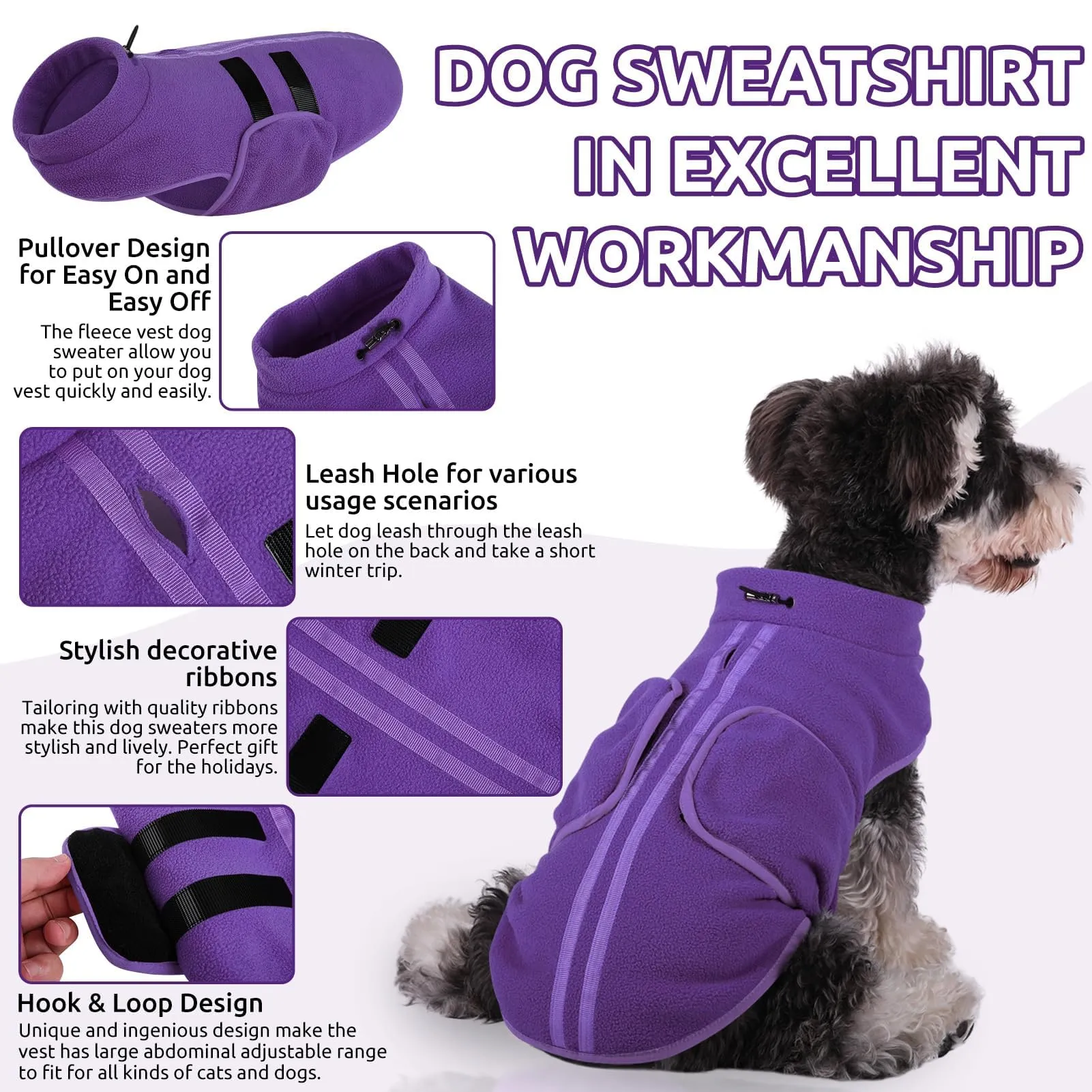 PUZAUKAL Maglione in Pile per Cani e Gatti con Foro per Imbracatura, Viola, XL - immagine 3