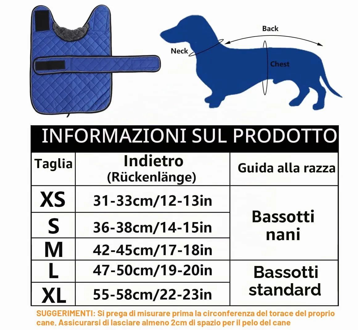 Geyecete Cappotto Invernale Termico Trapuntato per Cane Bassotto con Fodera in Pile e Foro per Imbracatura, Blu, S - immagine 6