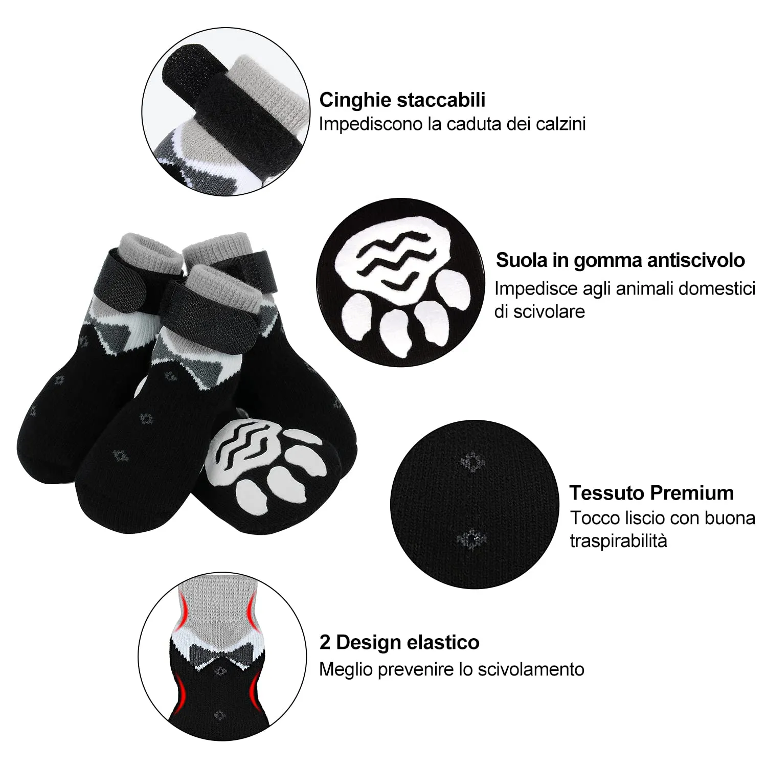 PETLOFT Calzini Antiscivolo per Cane con Cinghie Regolabili, 4 Pezzi, Nero, XL - immagine 3