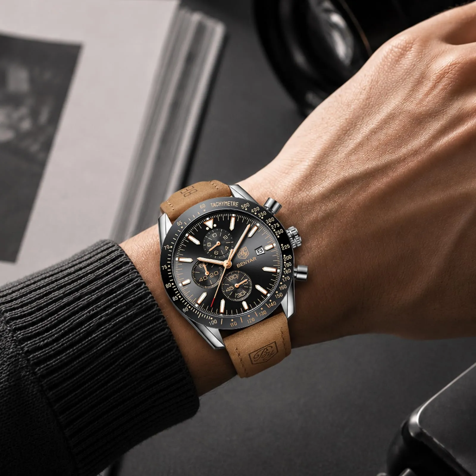 BENYAR Orologio da Uomo Cronografo Analogico al Quarzo, Cinturino in Pelle, 30M Impermeabile, Argento Nero - immagine 2