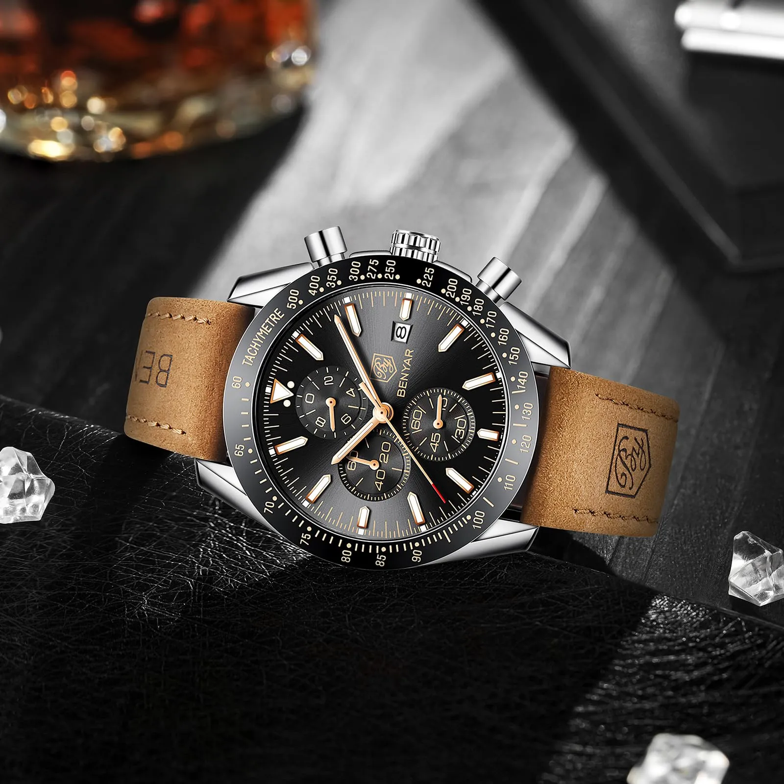 BENYAR Orologio da Uomo Cronografo Analogico al Quarzo, Cinturino in Pelle, 30M Impermeabile, Argento Nero - immagine 4