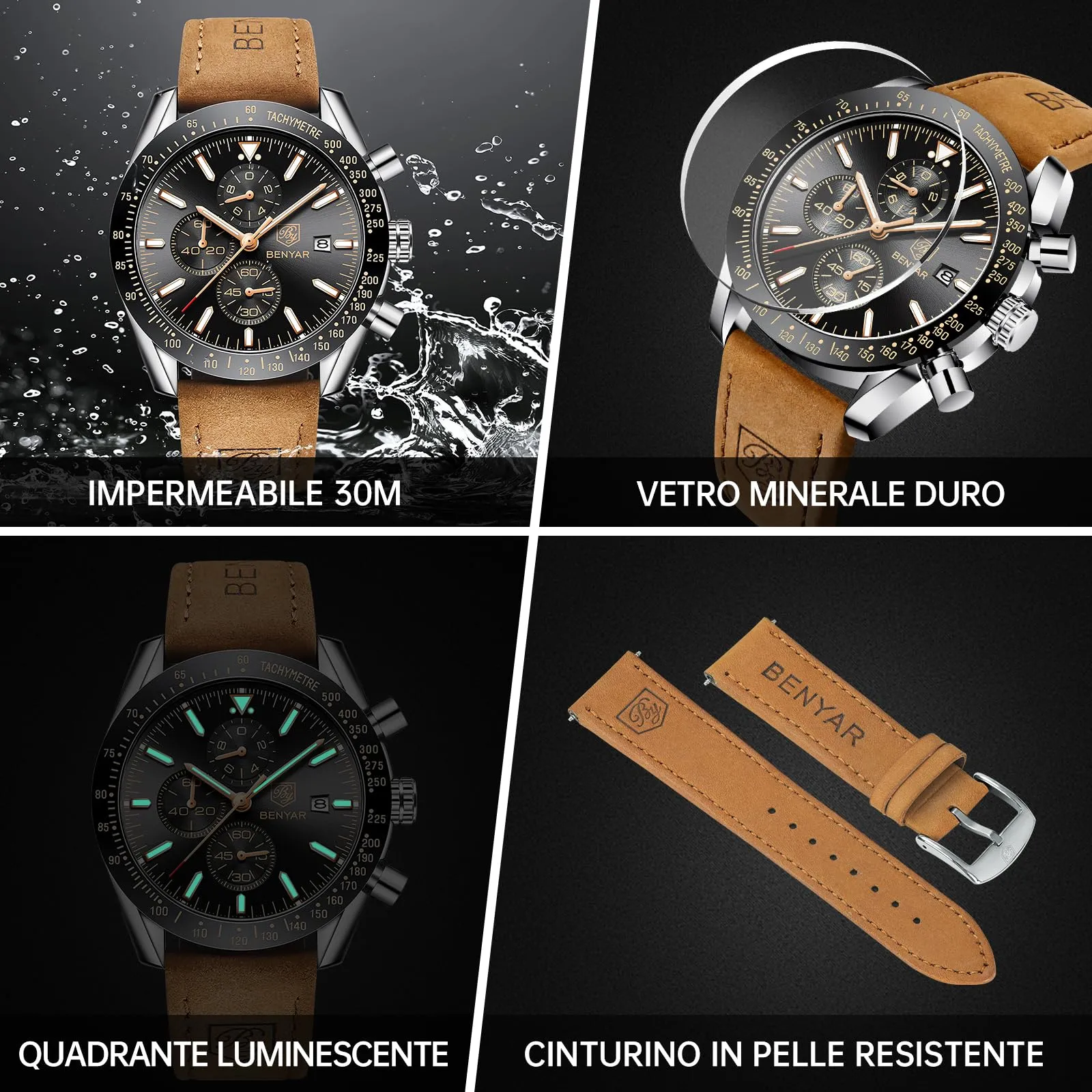 BENYAR Orologio da Uomo Cronografo Analogico al Quarzo, Cinturino in Pelle, 30M Impermeabile, Argento Nero - immagine 5