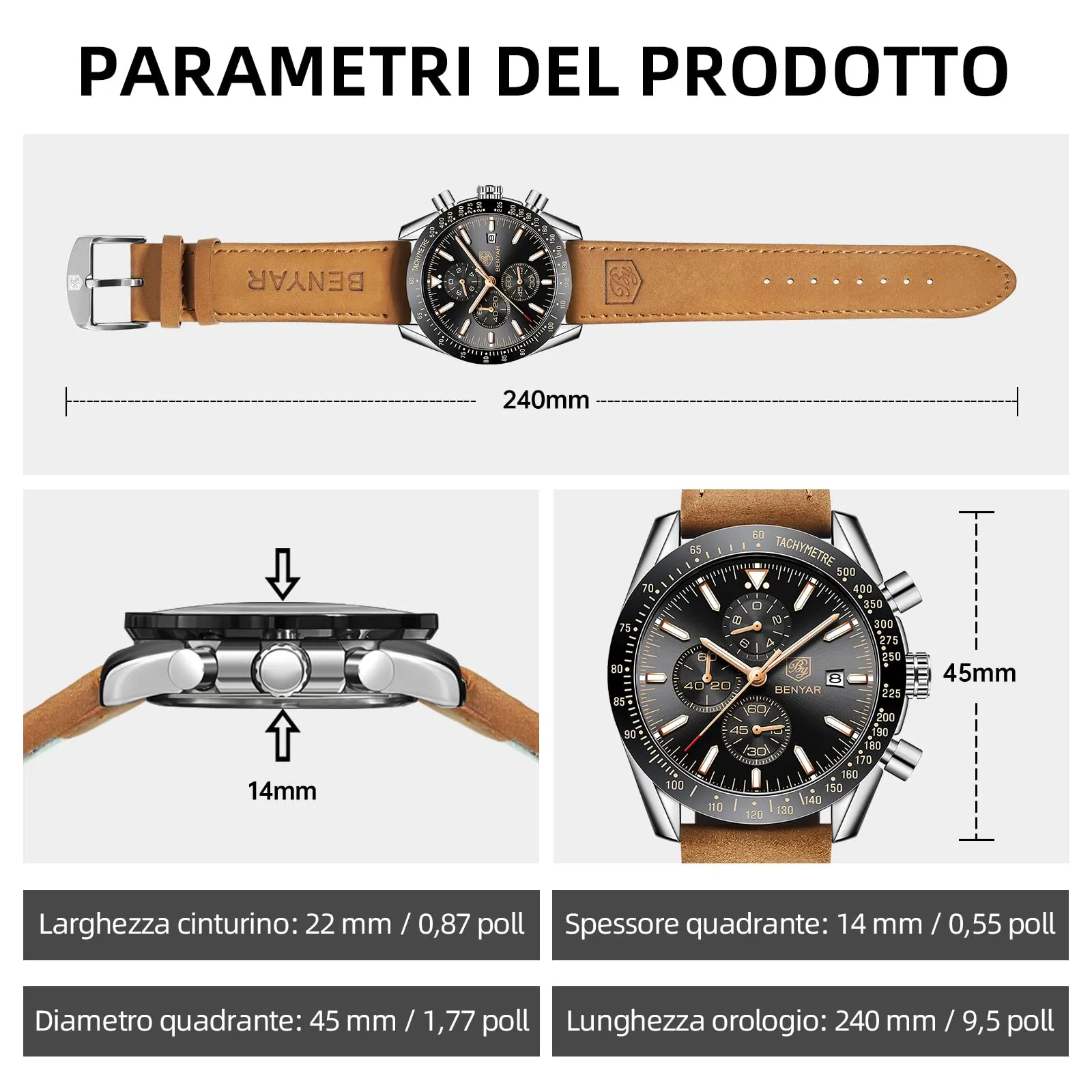 BENYAR Orologio da Uomo Cronografo Analogico al Quarzo, Cinturino in Pelle, 30M Impermeabile, Argento Nero - immagine 6