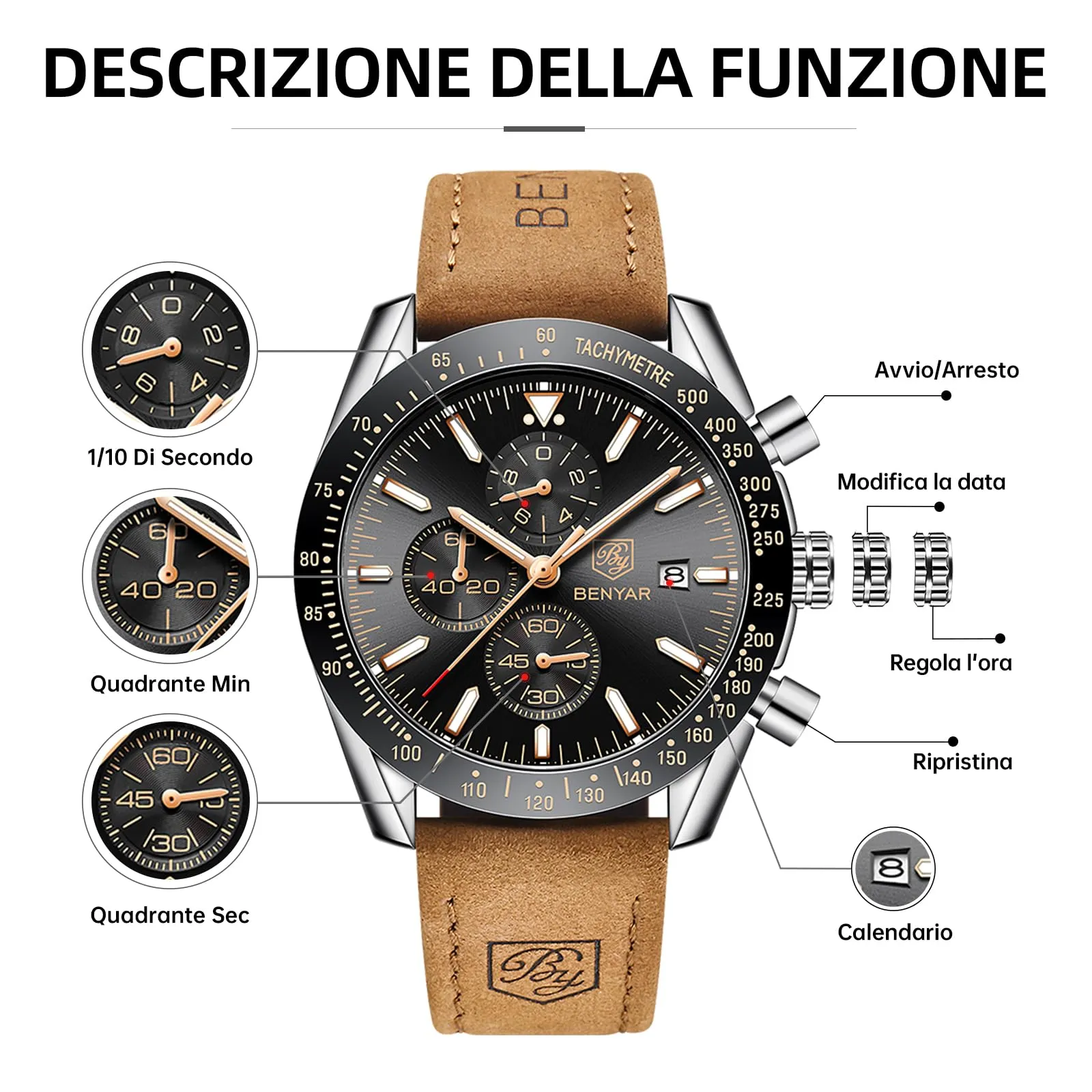 BENYAR Orologio da Uomo Cronografo Analogico al Quarzo, Cinturino in Pelle, 30M Impermeabile, Argento Nero - immagine 7