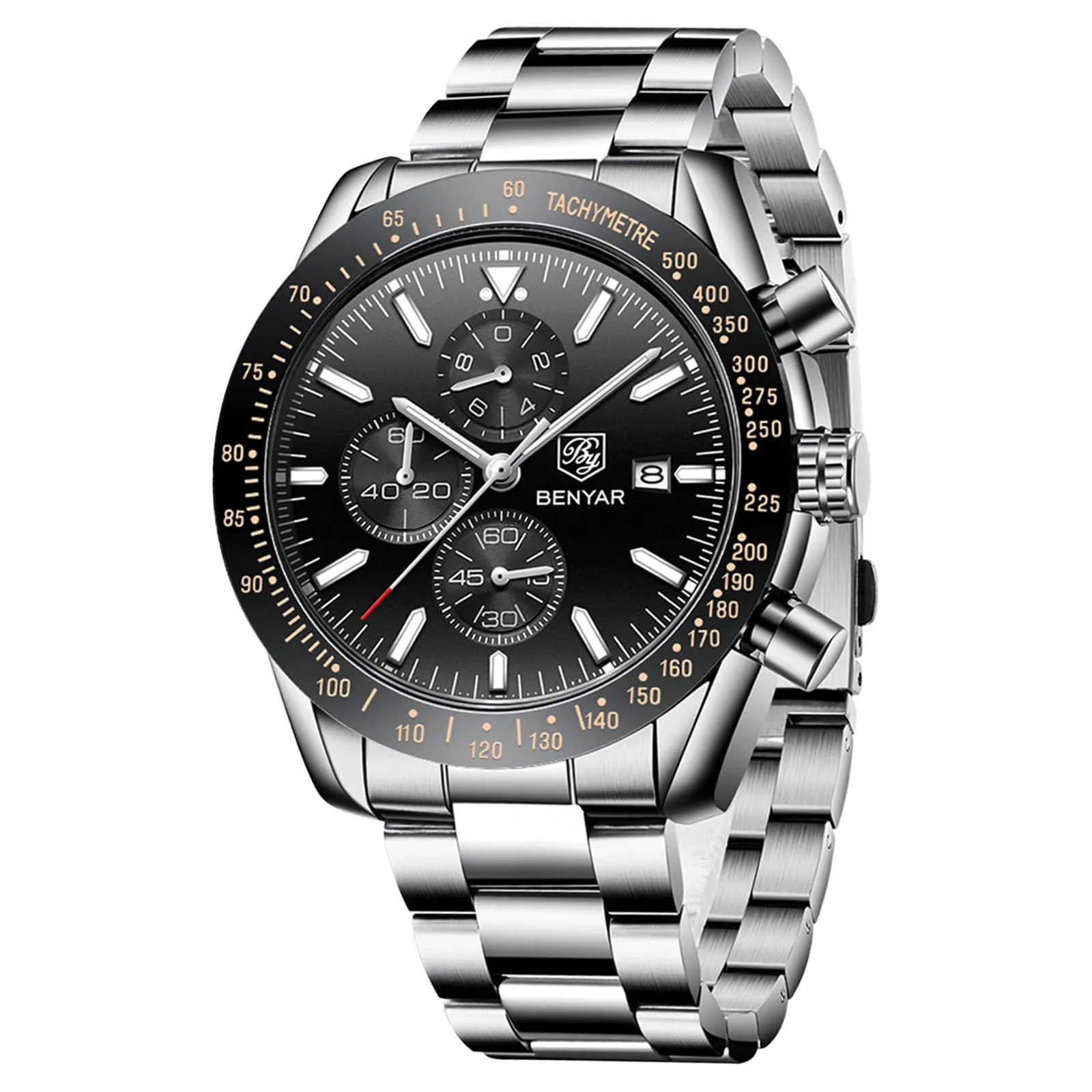BENYAR BY-5140 Orologio da Uomo Cronografo Analogico al Quarzo in Acciaio Inox, Argento Nero - immagine 1