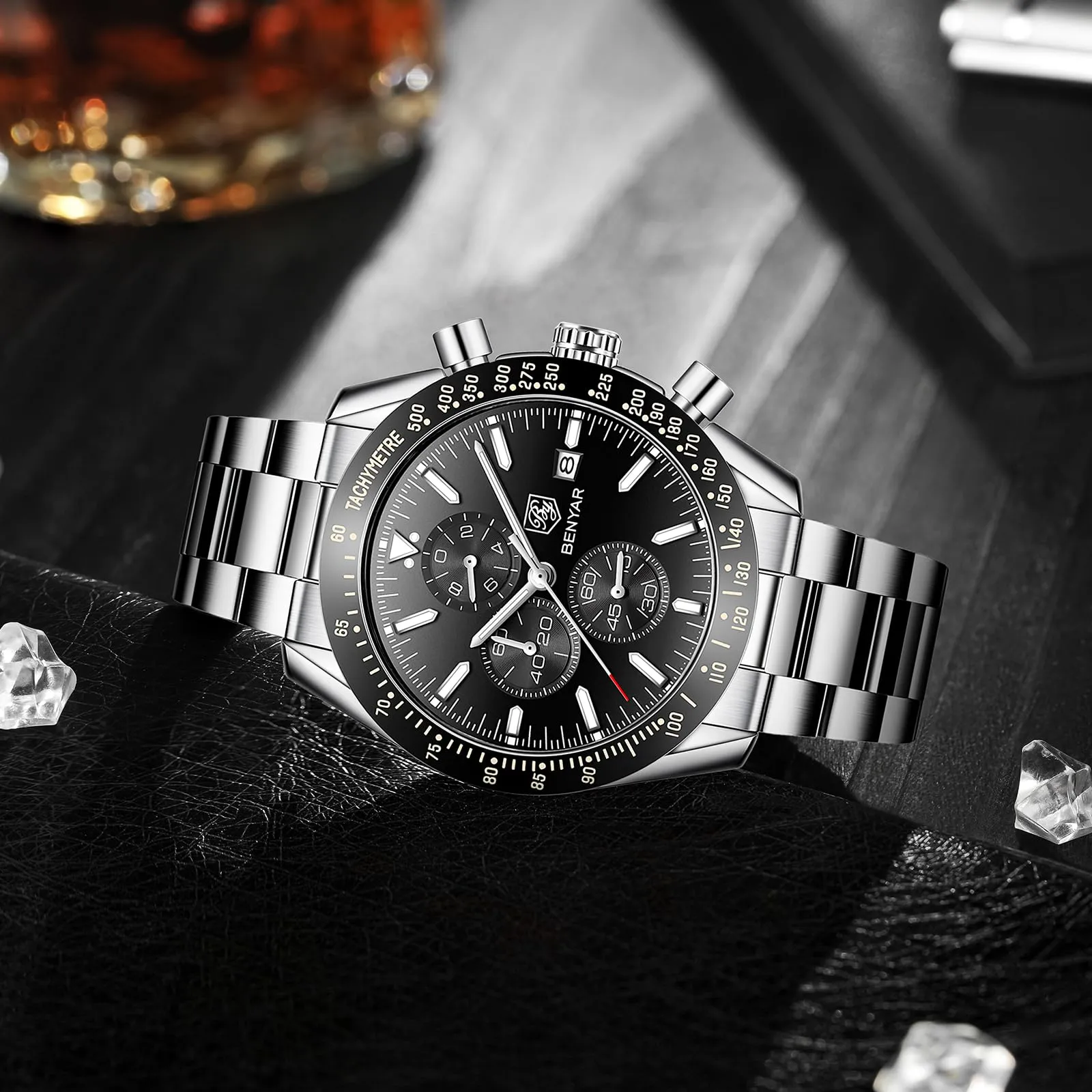 BENYAR BY-5140 Orologio da Uomo Cronografo Analogico al Quarzo in Acciaio Inox, Argento Nero - immagine 4