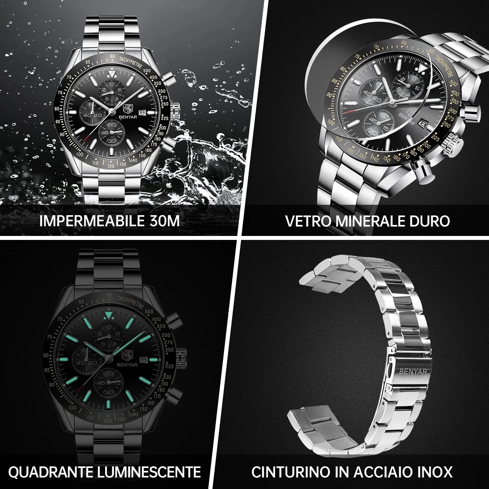 BENYAR BY-5140 Orologio da Uomo Cronografo Analogico al Quarzo in Acciaio Inox, Argento Nero - immagine 5