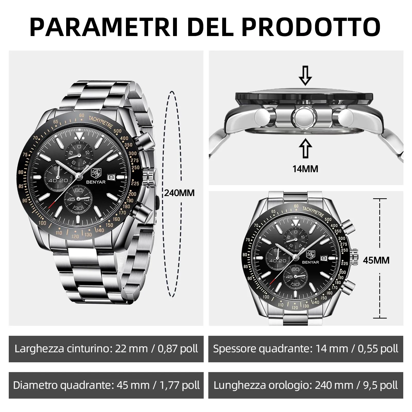 BENYAR BY-5140 Orologio da Uomo Cronografo Analogico al Quarzo in Acciaio Inox, Argento Nero - immagine 6