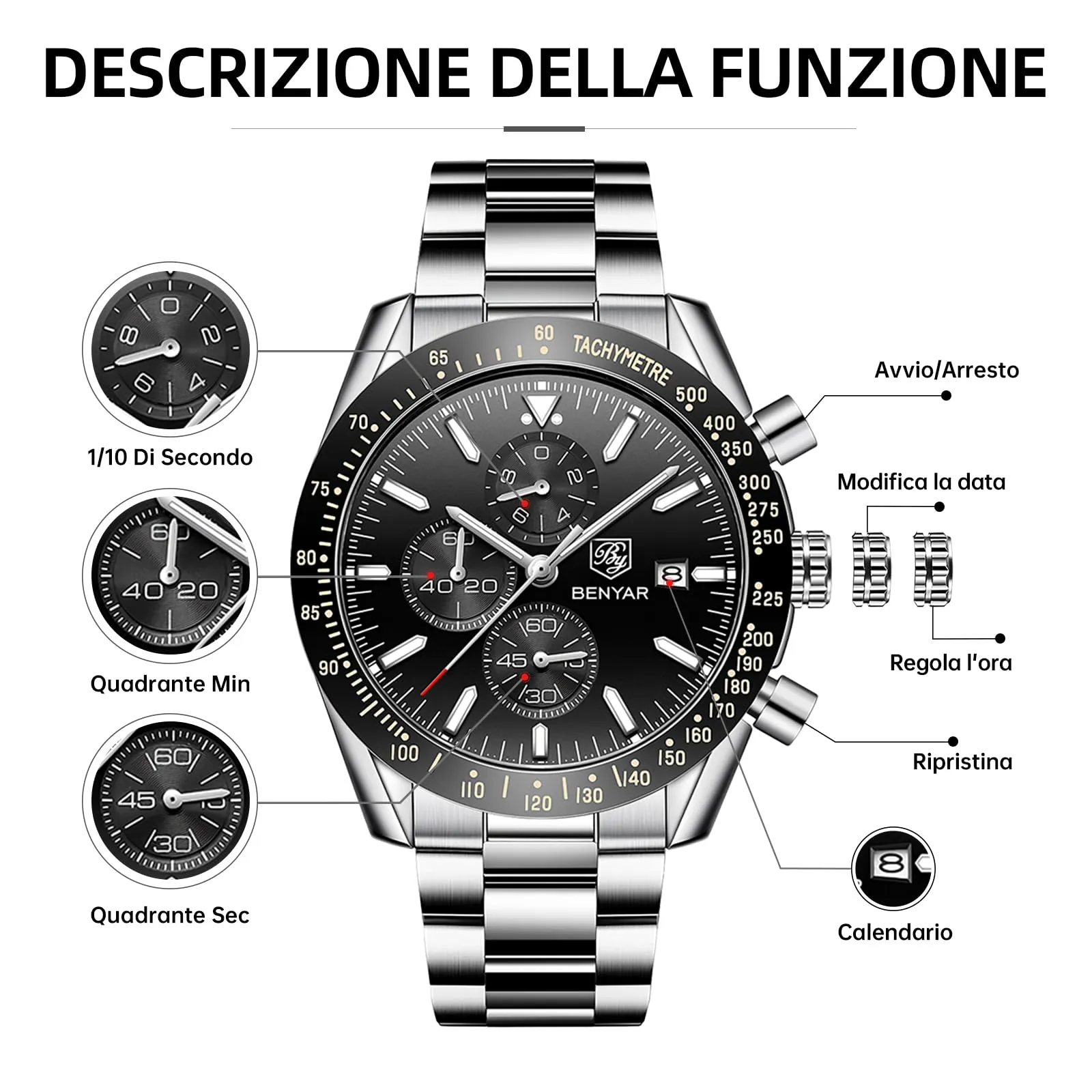 BENYAR BY-5140 Orologio da Uomo Cronografo Analogico al Quarzo in Acciaio Inox, Argento Nero - immagine 7