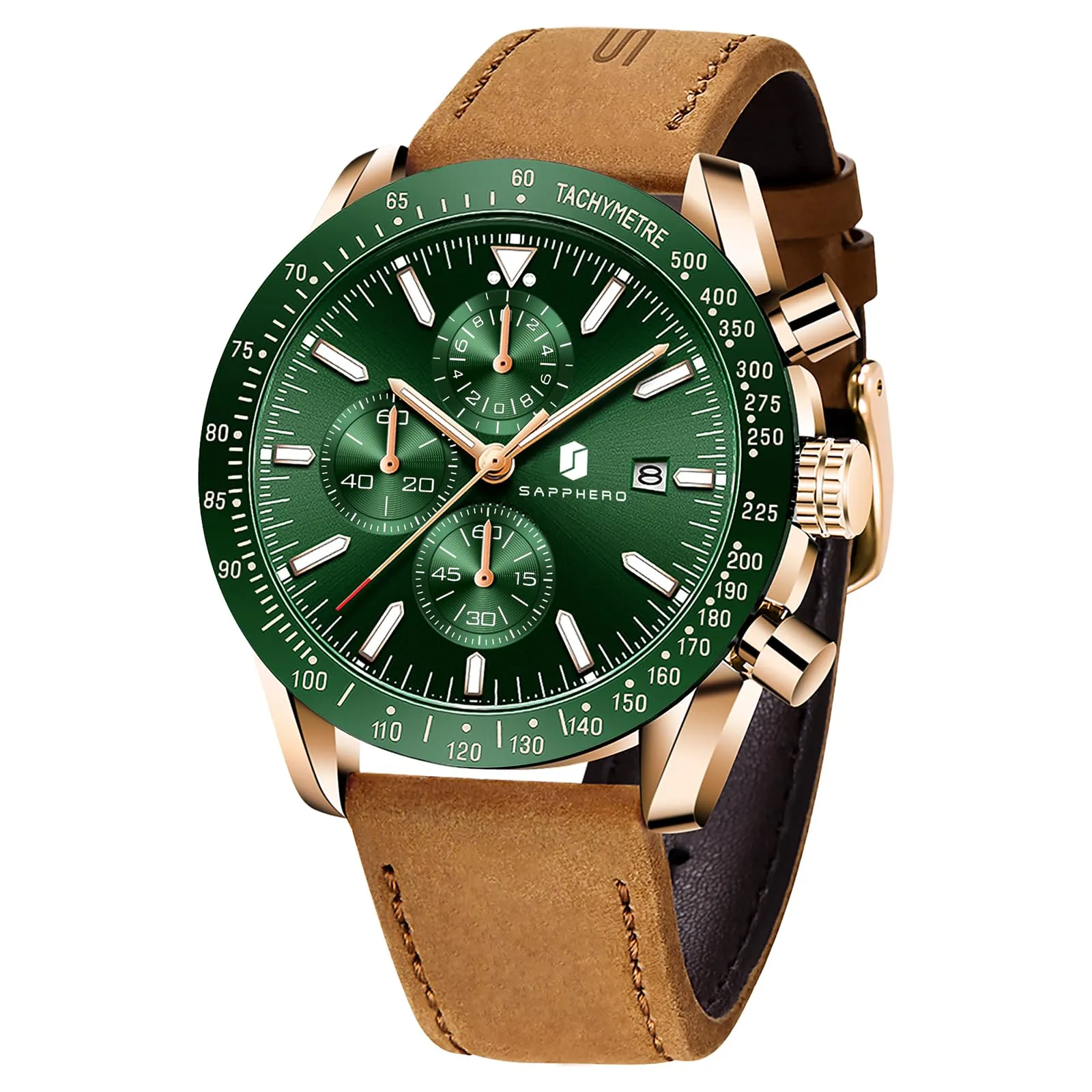 BENYAR BY5140 Orologio da Uomo Cronografo Analogico al Quarzo, Cinturino in Pelle, 50M Impermeabile, Oro Rosa Verde - immagine 1