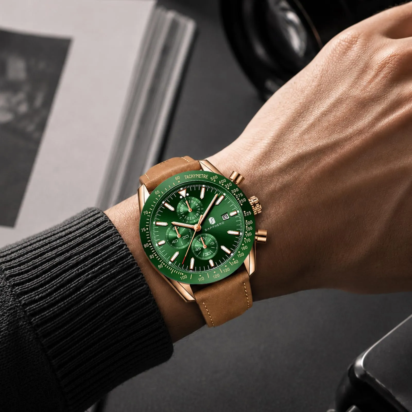 BENYAR BY5140 Orologio da Uomo Cronografo Analogico al Quarzo, Cinturino in Pelle, 50M Impermeabile, Oro Rosa Verde - immagine 2