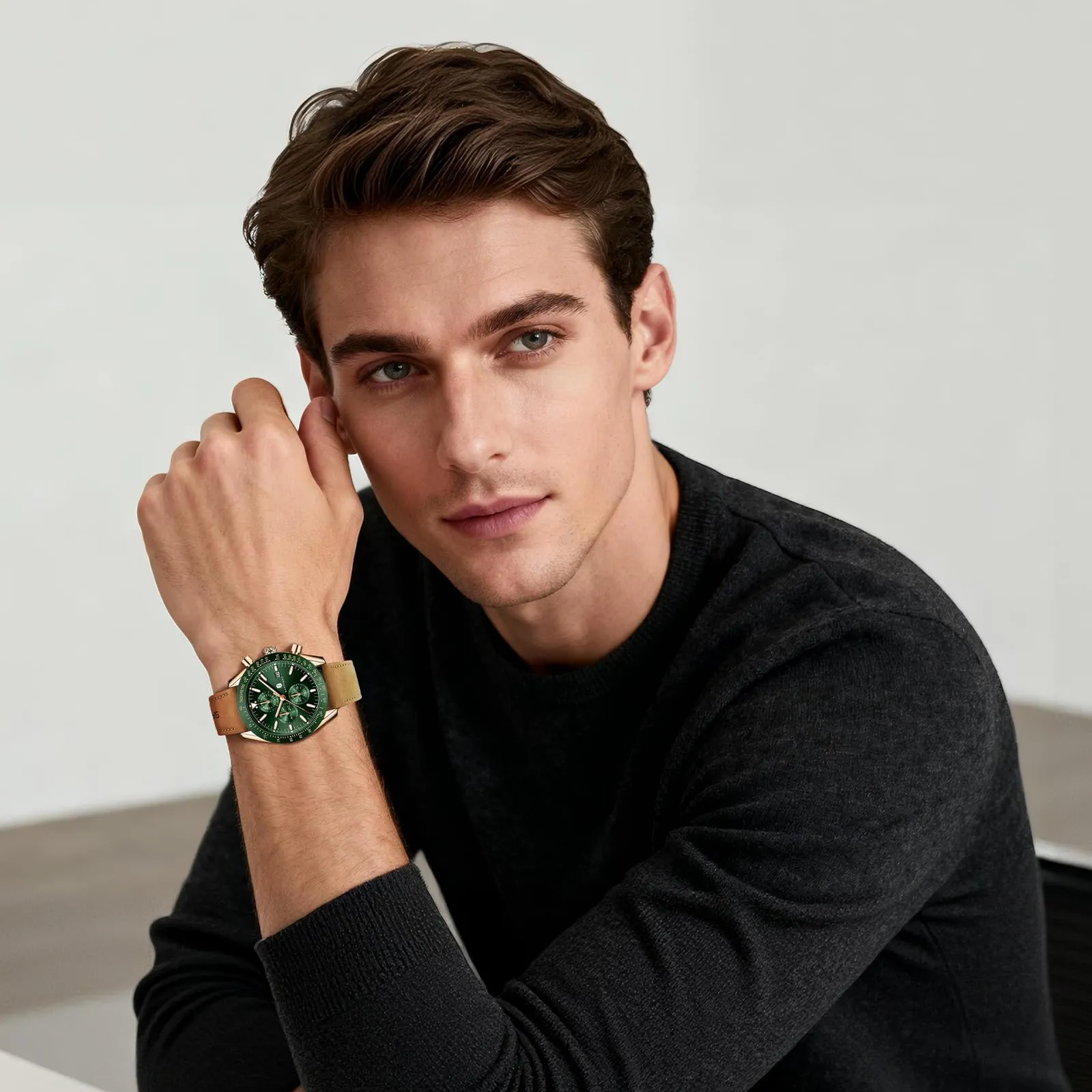 BENYAR BY5140 Orologio da Uomo Cronografo Analogico al Quarzo, Cinturino in Pelle, 50M Impermeabile, Oro Rosa Verde - immagine 3