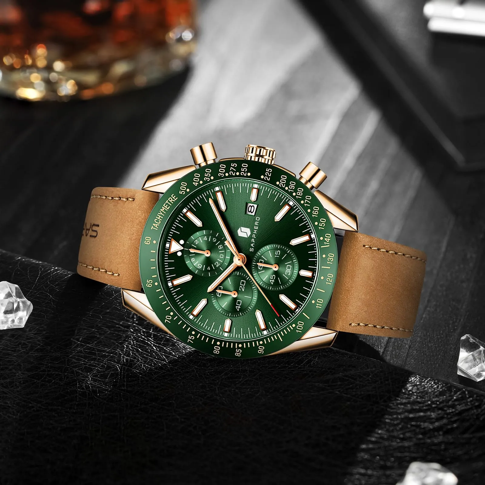 BENYAR BY5140 Orologio da Uomo Cronografo Analogico al Quarzo, Cinturino in Pelle, 50M Impermeabile, Oro Rosa Verde - immagine 4