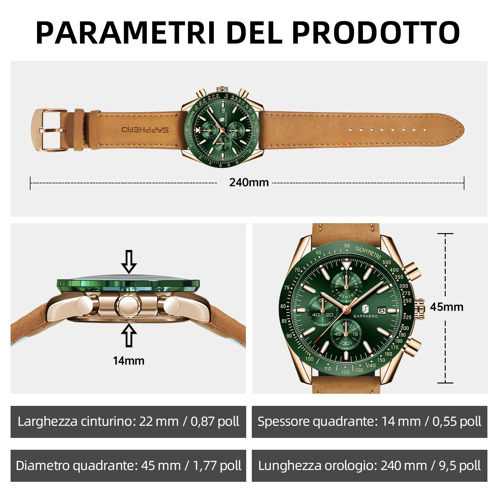BENYAR BY5140 Orologio da Uomo Cronografo Analogico al Quarzo, Cinturino in Pelle, 50M Impermeabile, Oro Rosa Verde - immagine 6