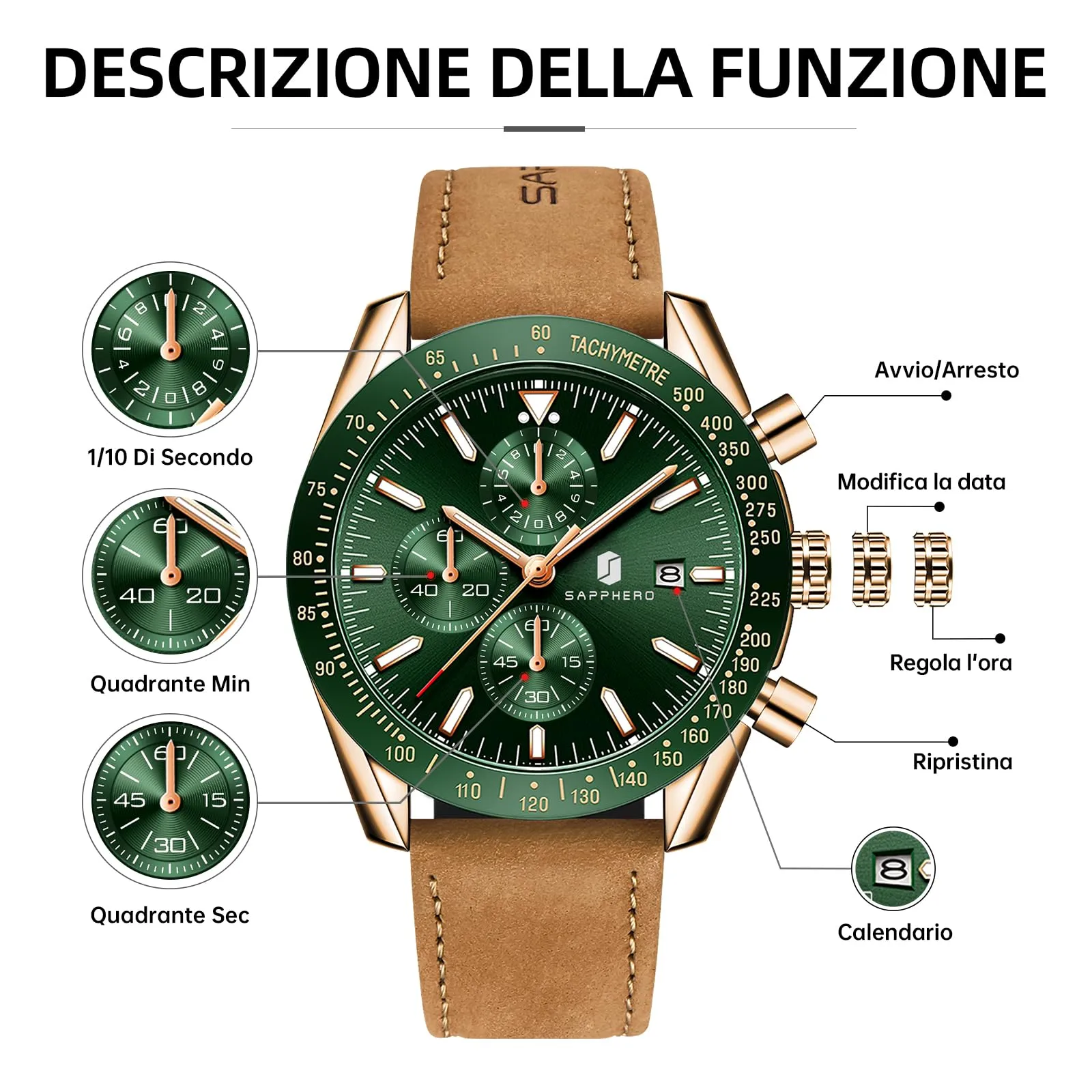 BENYAR BY5140 Orologio da Uomo Cronografo Analogico al Quarzo, Cinturino in Pelle, 50M Impermeabile, Oro Rosa Verde - immagine 7