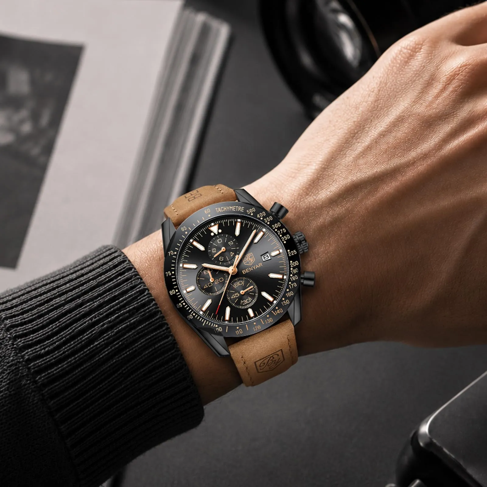 BENYAR Orologio da Uomo Cronografo Analogico al Quarzo FGBY5140-2, Cinturino in Pelle, Nero - immagine 2