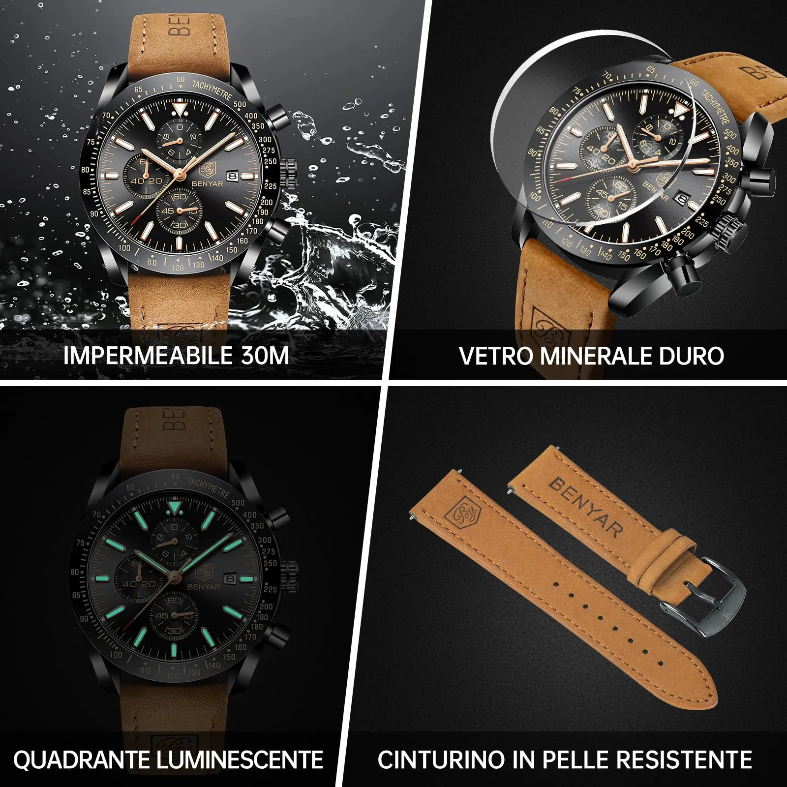 BENYAR Orologio da Uomo Cronografo Analogico al Quarzo FGBY5140-2, Cinturino in Pelle, Nero - immagine 5