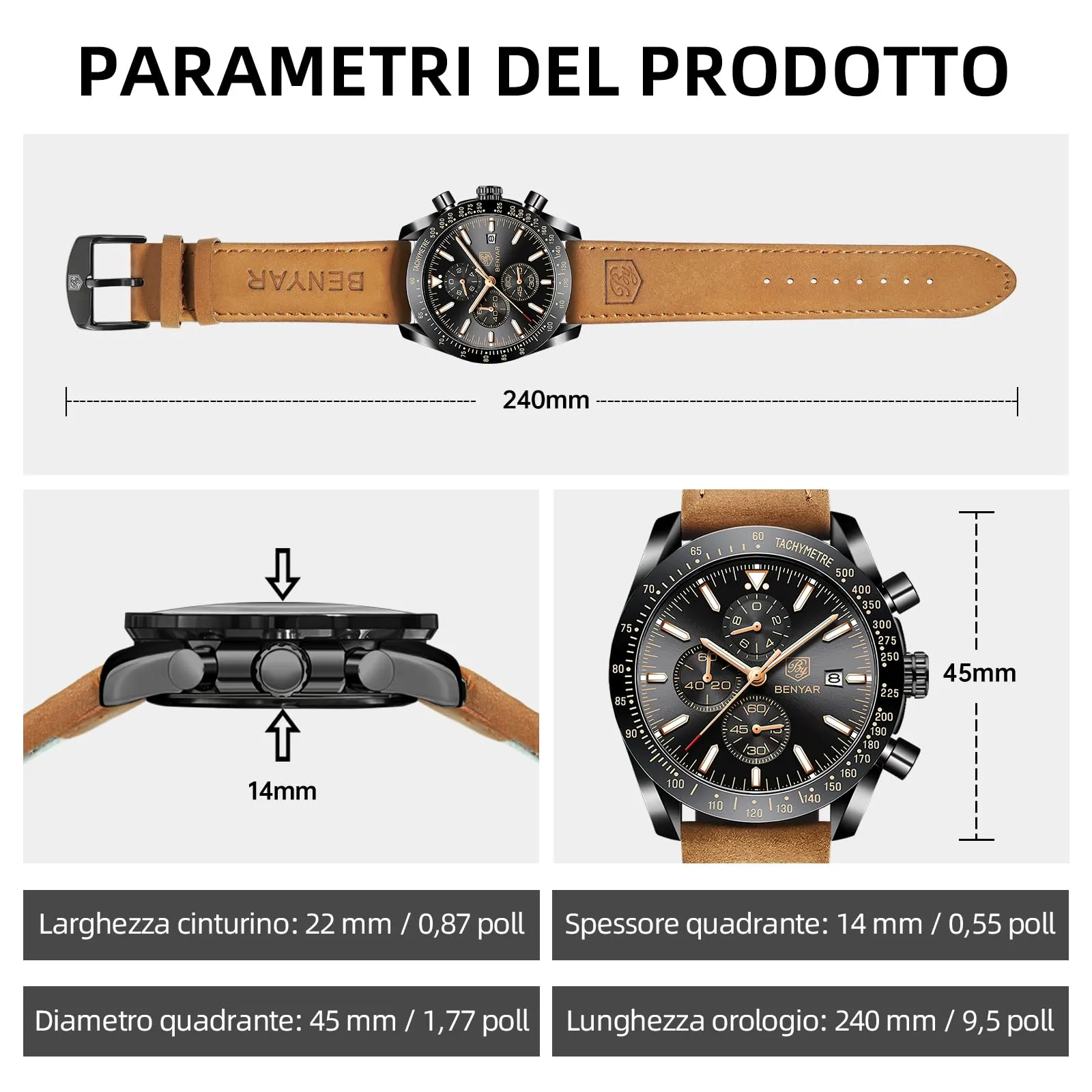 BENYAR Orologio da Uomo Cronografo Analogico al Quarzo FGBY5140-2, Cinturino in Pelle, Nero - immagine 6