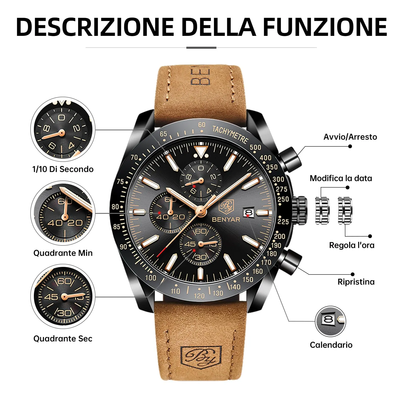 BENYAR Orologio da Uomo Cronografo Analogico al Quarzo FGBY5140-2, Cinturino in Pelle, Nero - immagine 7