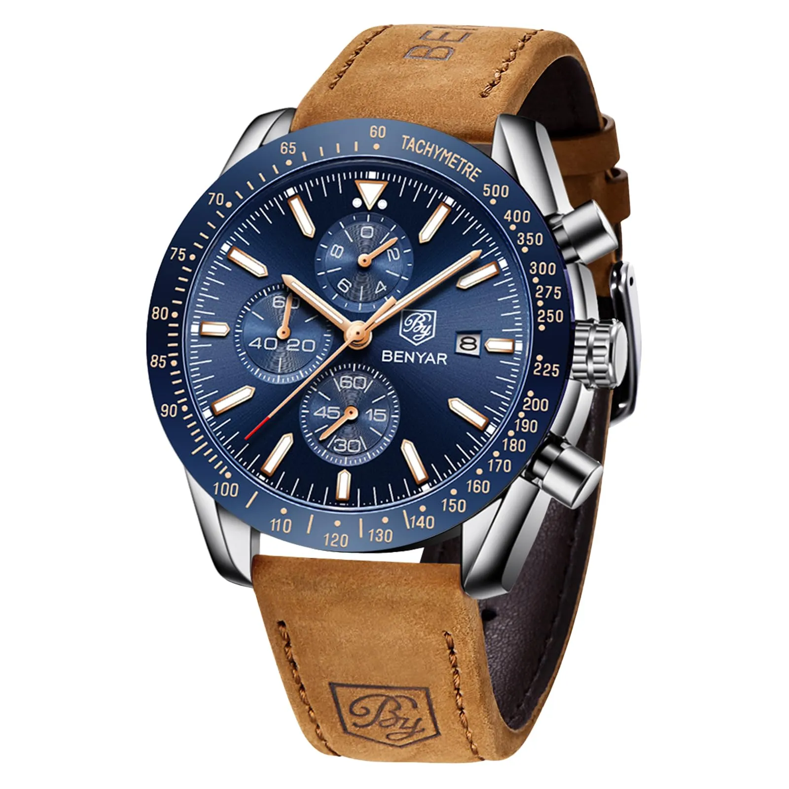 BENYAR BY-5140 Orologio da Uomo Cronografo al Quarzo, Cinturino in Pelle, Argento Blu - immagine 1