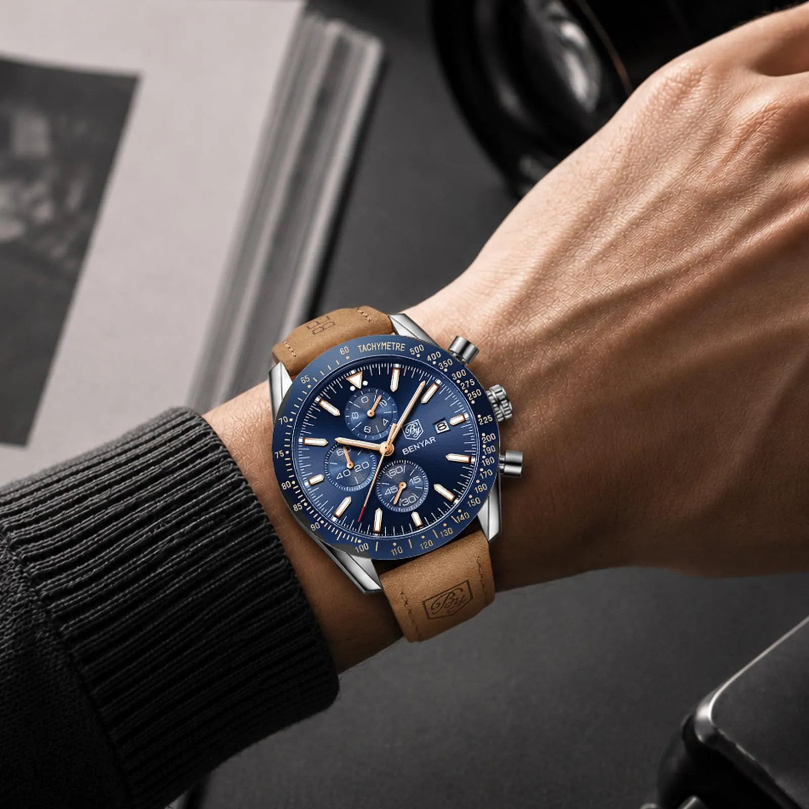BENYAR BY-5140 Orologio da Uomo Cronografo al Quarzo, Cinturino in Pelle, Argento Blu - immagine 2