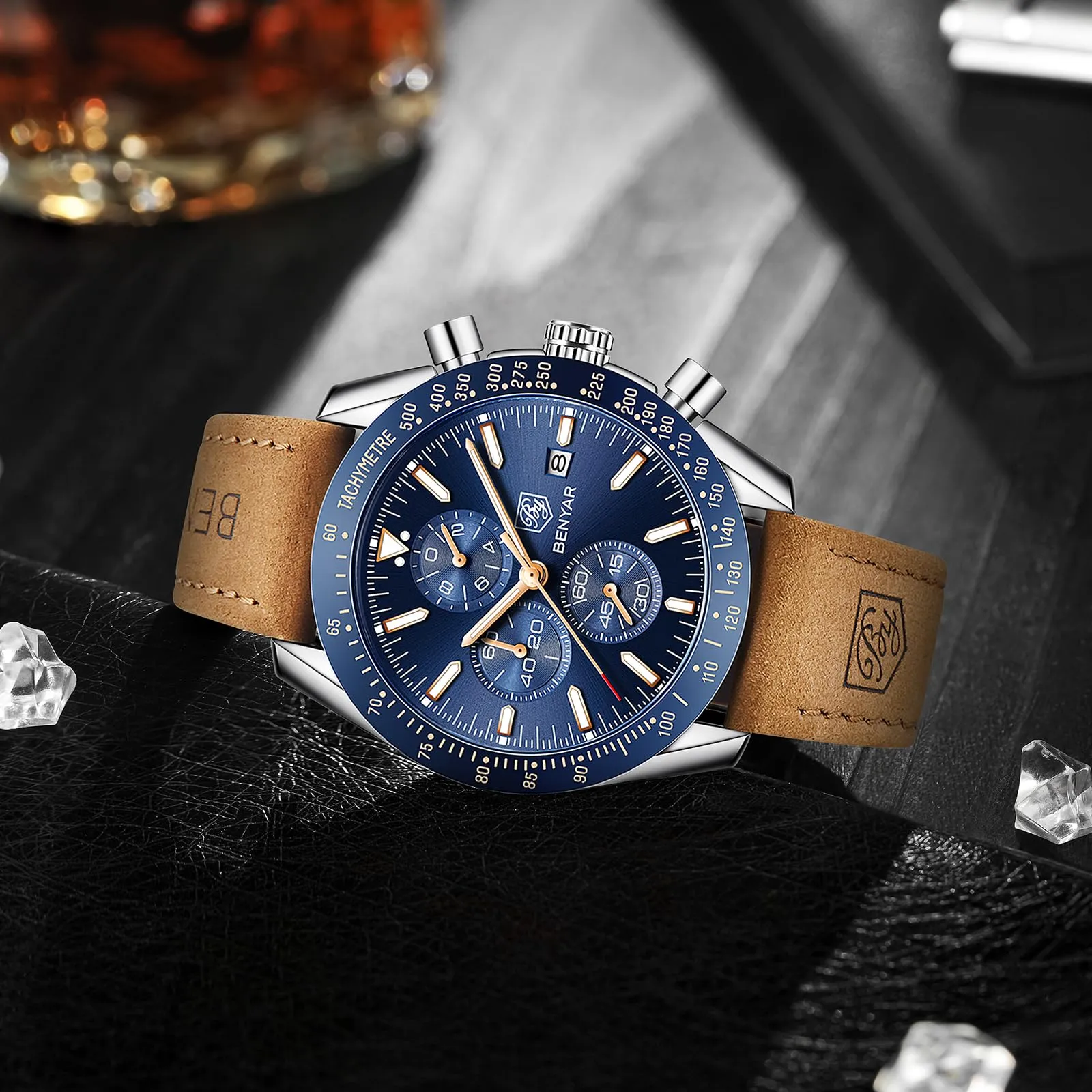 BENYAR BY-5140 Orologio da Uomo Cronografo al Quarzo, Cinturino in Pelle, Argento Blu - immagine 4