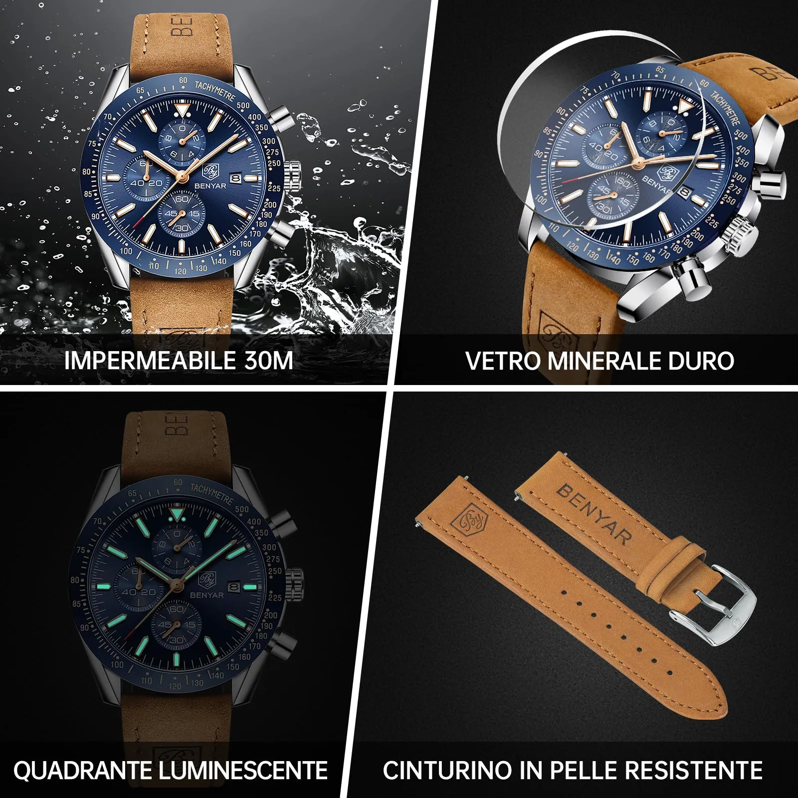 BENYAR BY-5140 Orologio da Uomo Cronografo al Quarzo, Cinturino in Pelle, Argento Blu - immagine 5