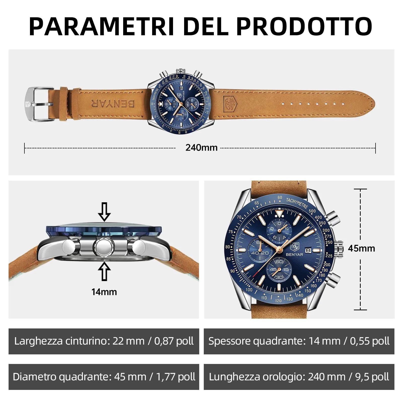BENYAR BY-5140 Orologio da Uomo Cronografo al Quarzo, Cinturino in Pelle, Argento Blu - immagine 6