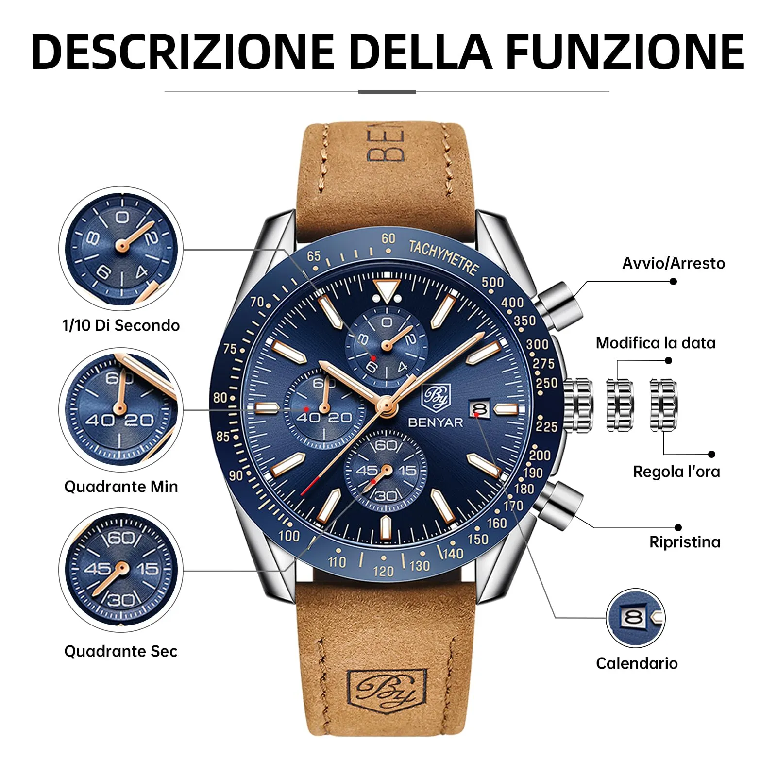 BENYAR BY-5140 Orologio da Uomo Cronografo al Quarzo, Cinturino in Pelle, Argento Blu - immagine 7