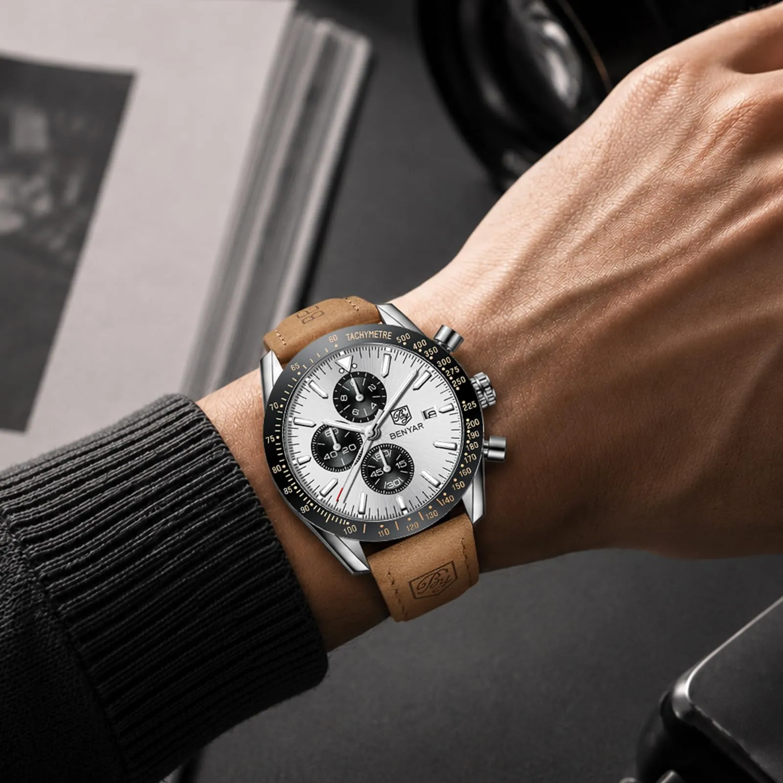 BENYAR Orologio da Uomo Cronografo Analogico al Quarzo, Cinturino in Pelle, Argento Bianco - immagine 2