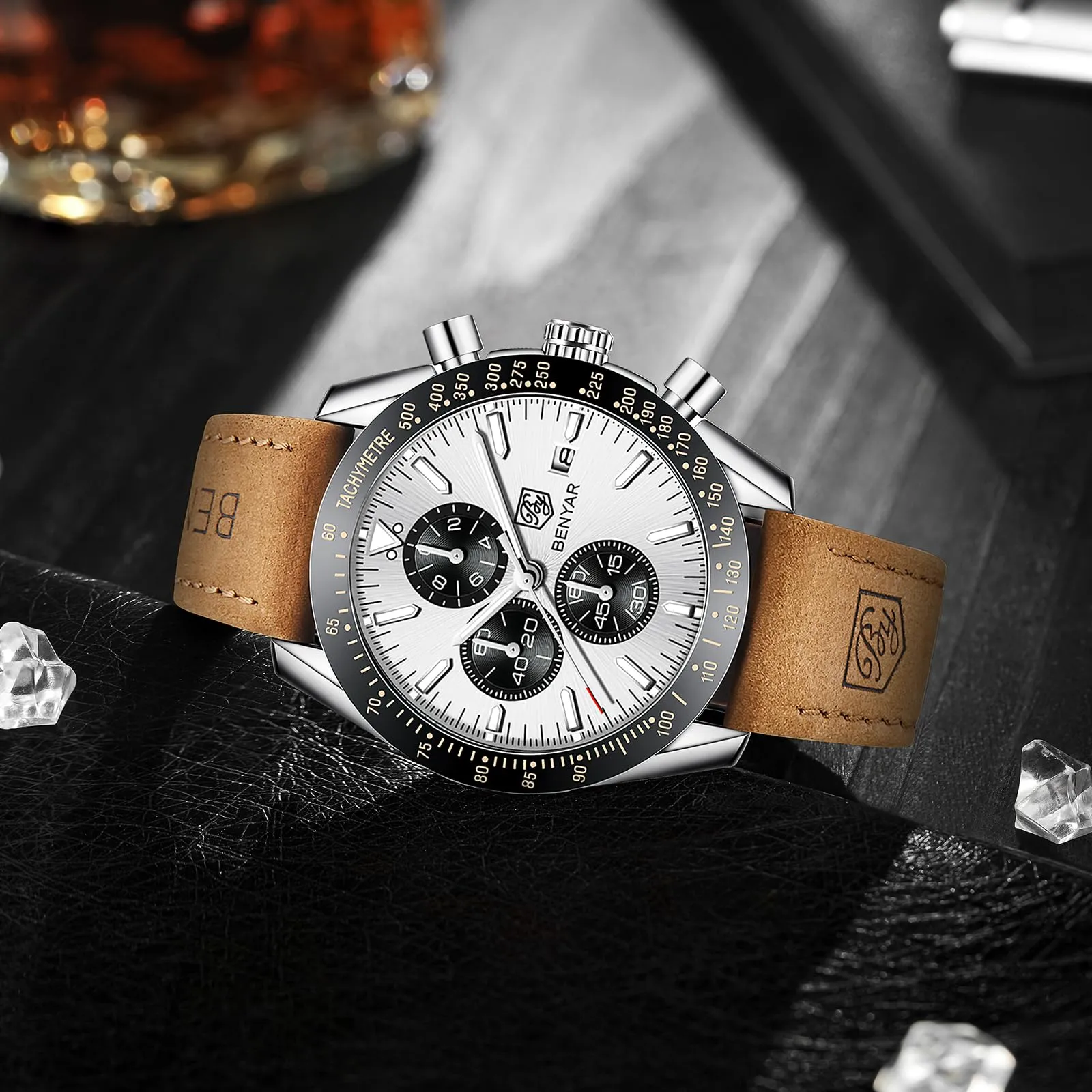 BENYAR Orologio da Uomo Cronografo Analogico al Quarzo, Cinturino in Pelle, Argento Bianco - immagine 4