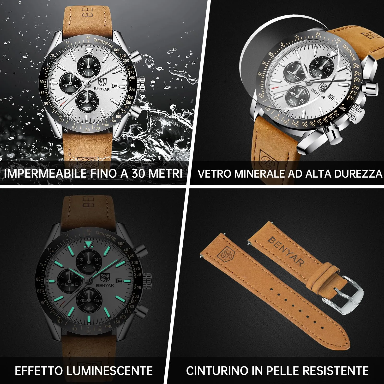 BENYAR Orologio da Uomo Cronografo Analogico al Quarzo, Cinturino in Pelle, Argento Bianco - immagine 5