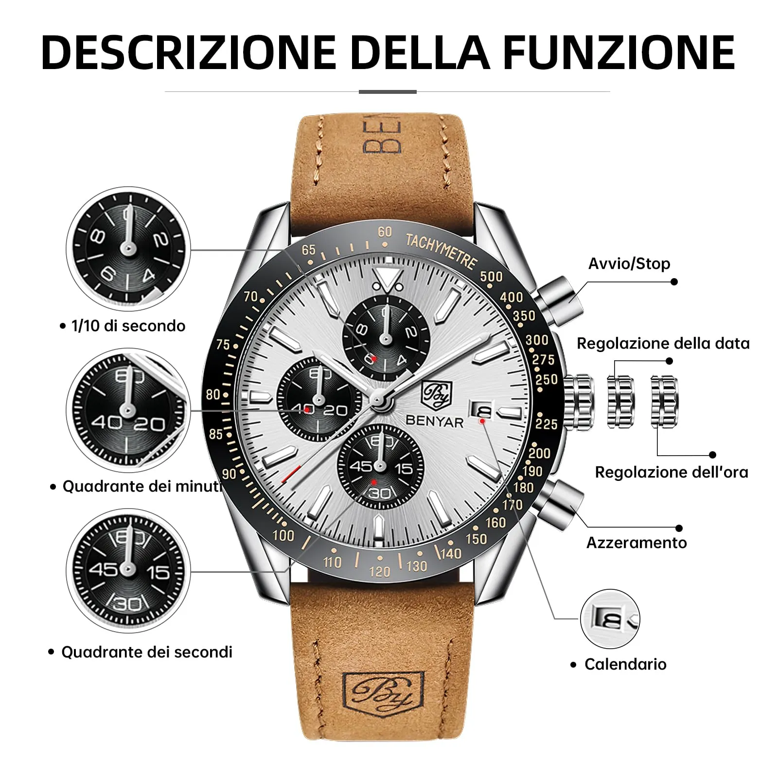 BENYAR Orologio da Uomo Cronografo Analogico al Quarzo, Cinturino in Pelle, Argento Bianco - immagine 6
