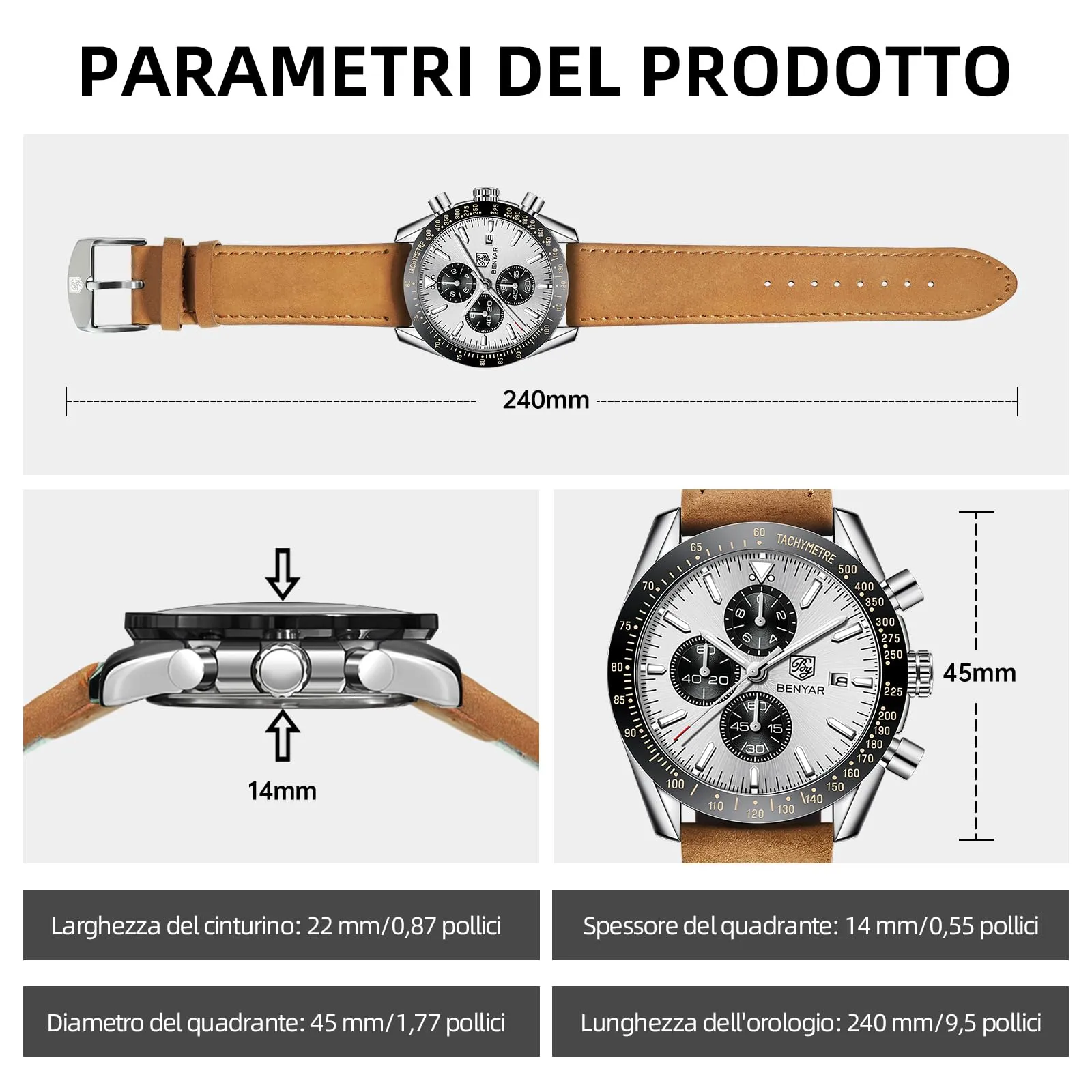 BENYAR Orologio da Uomo Cronografo Analogico al Quarzo, Cinturino in Pelle, Argento Bianco - immagine 7