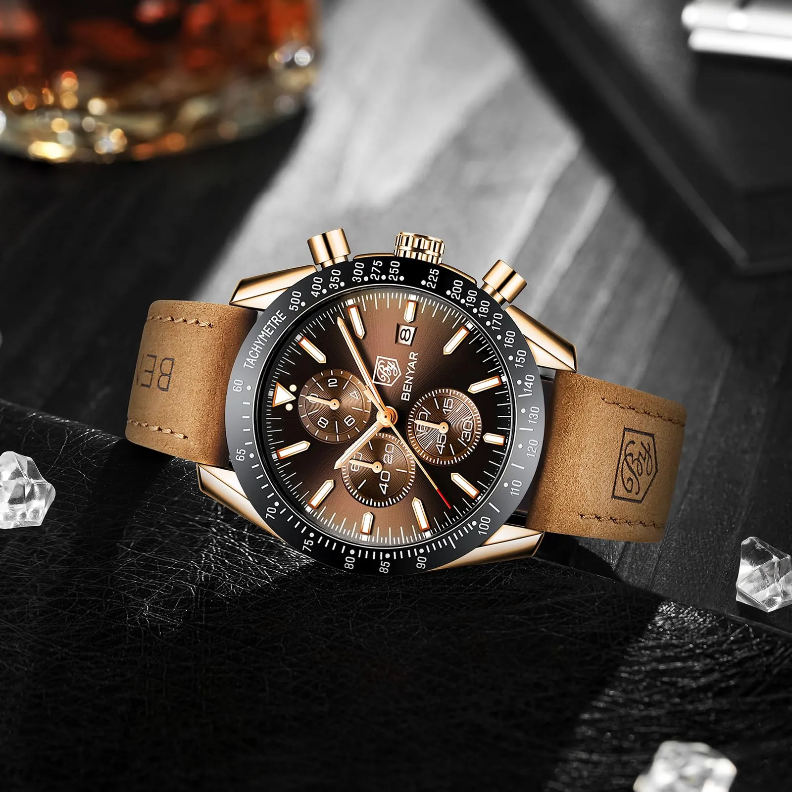 BENYAR Orologio da Uomo Cronografo Analogico al Quarzo, Cinturino in Pelle, Marrone Oro - immagine 4