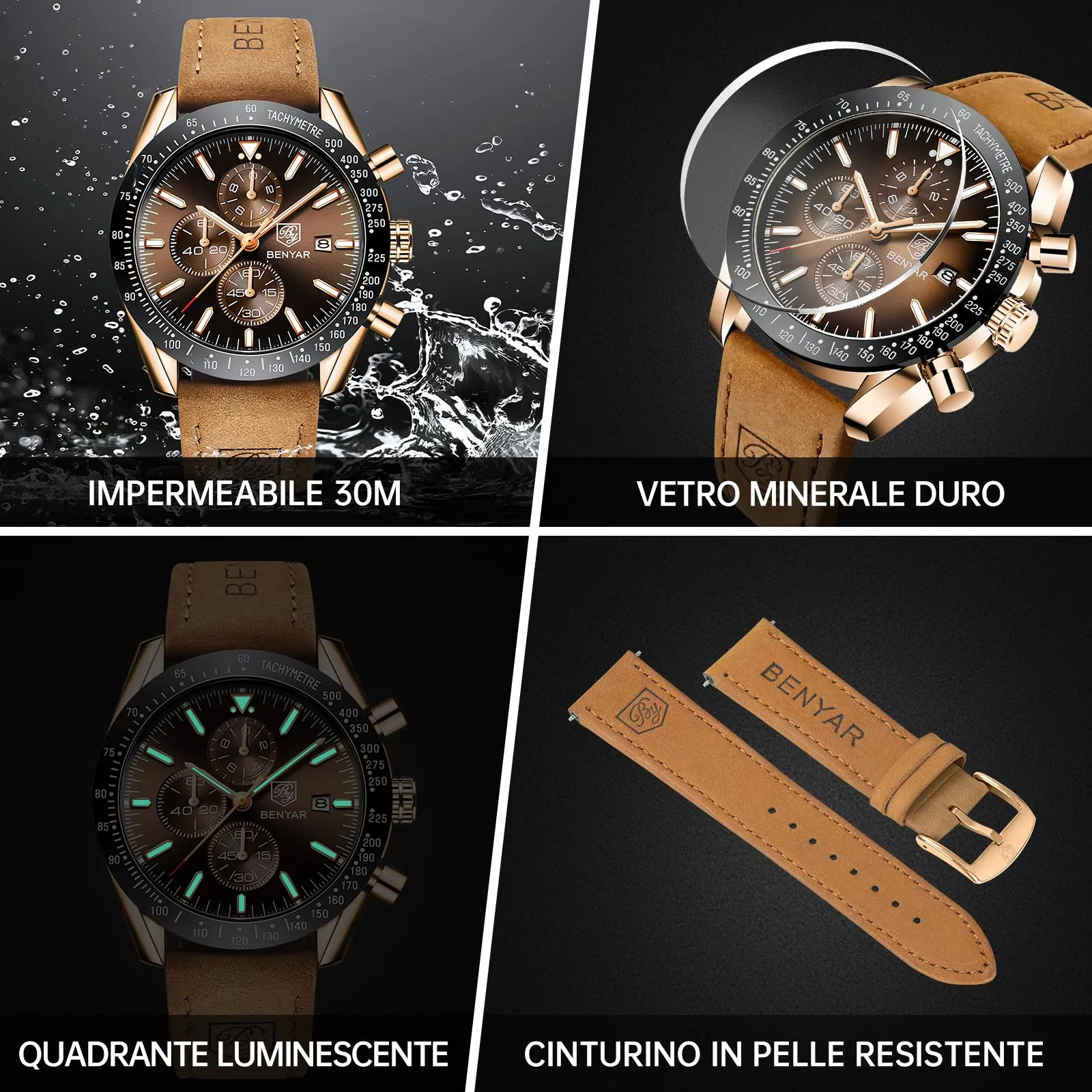 BENYAR Orologio da Uomo Cronografo Analogico al Quarzo, Cinturino in Pelle, Marrone Oro - immagine 5