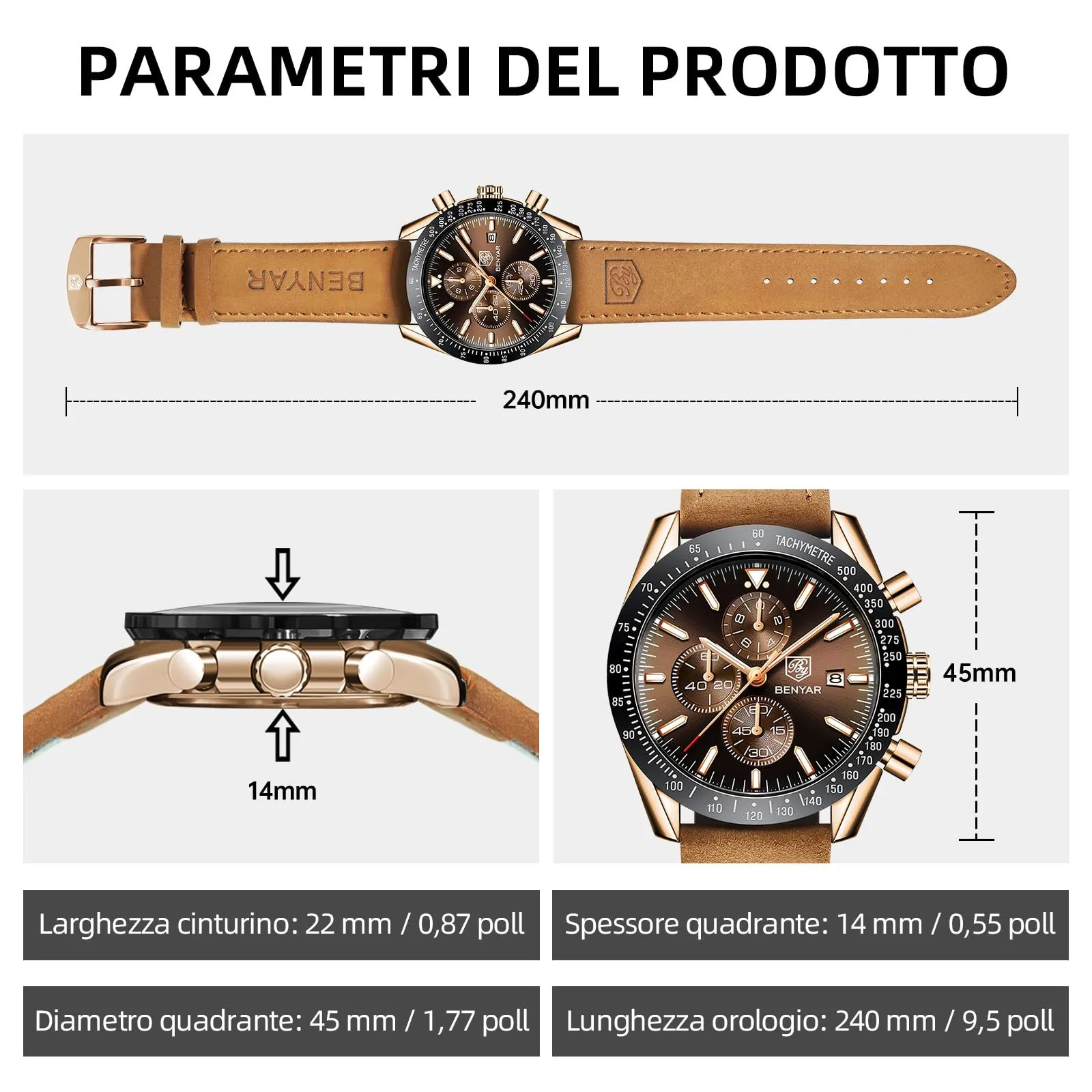 BENYAR Orologio da Uomo Cronografo Analogico al Quarzo, Cinturino in Pelle, Marrone Oro - immagine 6