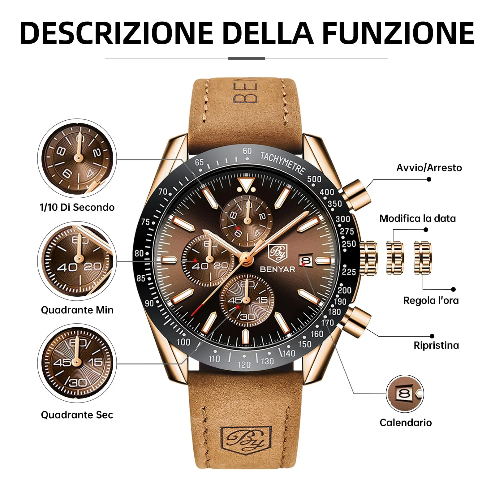 BENYAR Orologio da Uomo Cronografo Analogico al Quarzo, Cinturino in Pelle, Marrone Oro - immagine 7
