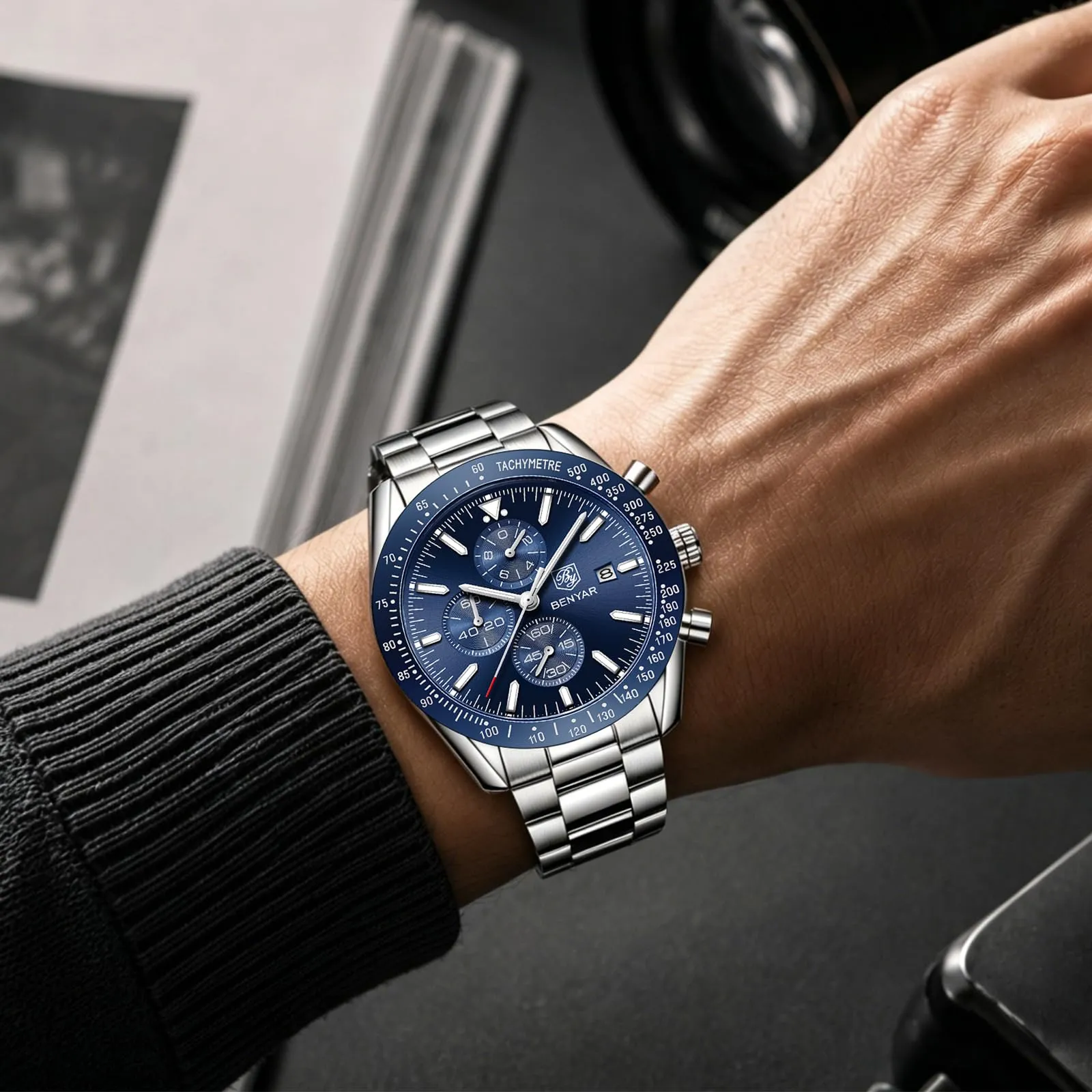 BENYAR Orologio da Uomo Cronografo Analogico al Quarzo, Acciaio Inox, Argento Blu, FGBY5140BLUESIL - immagine 2