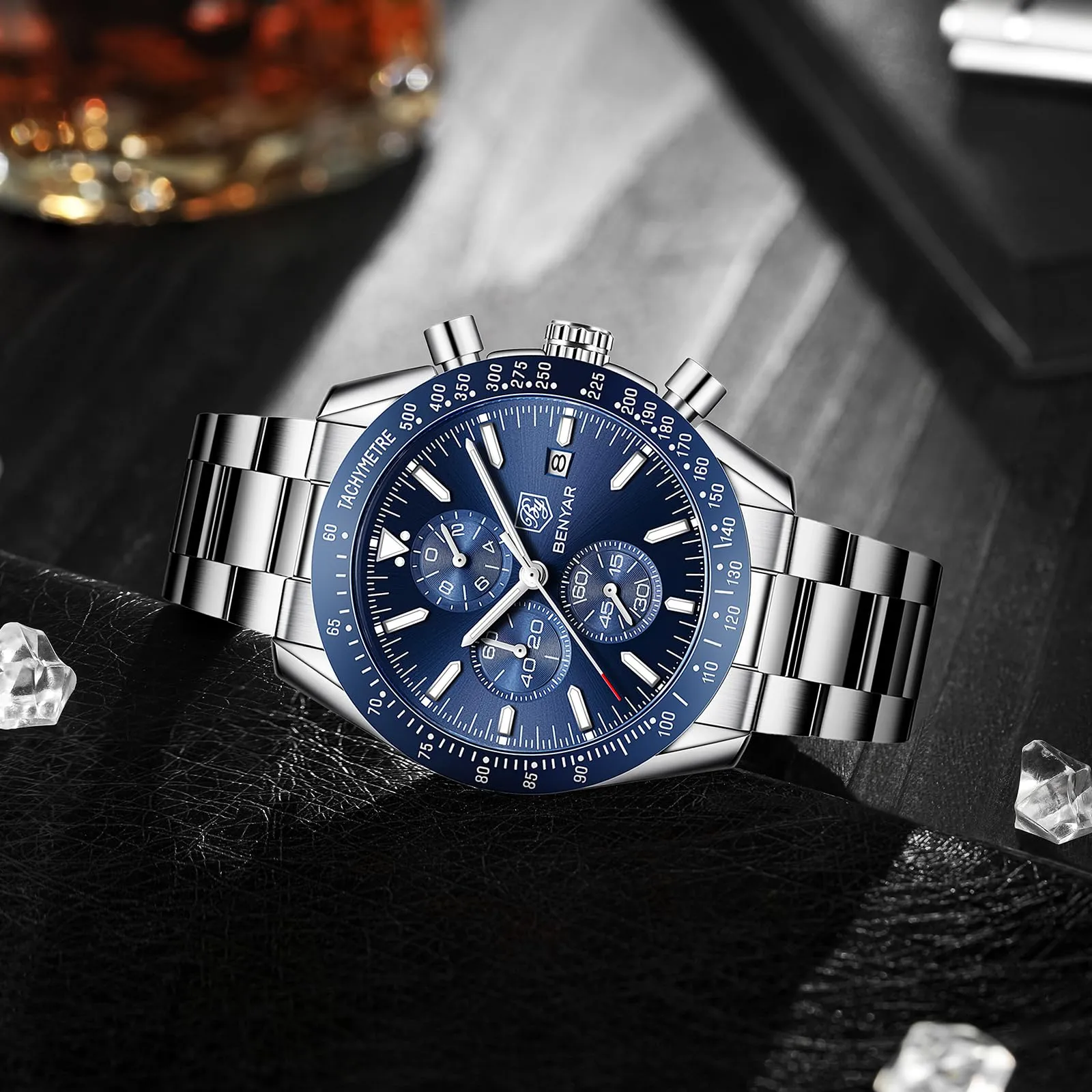 BENYAR Orologio da Uomo Cronografo Analogico al Quarzo, Acciaio Inox, Argento Blu, FGBY5140BLUESIL - immagine 4