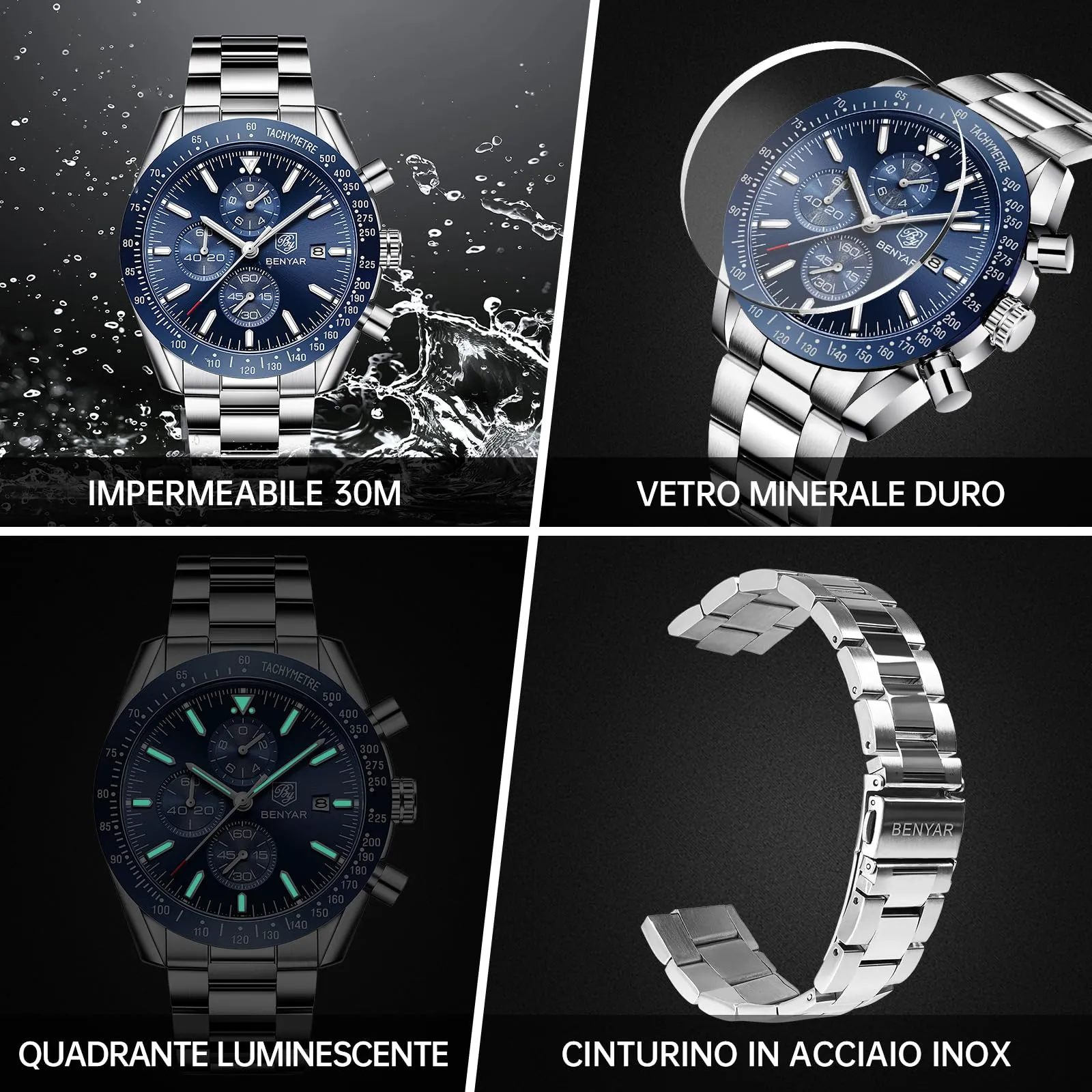 BENYAR Orologio da Uomo Cronografo Analogico al Quarzo, Acciaio Inox, Argento Blu, FGBY5140BLUESIL - immagine 5