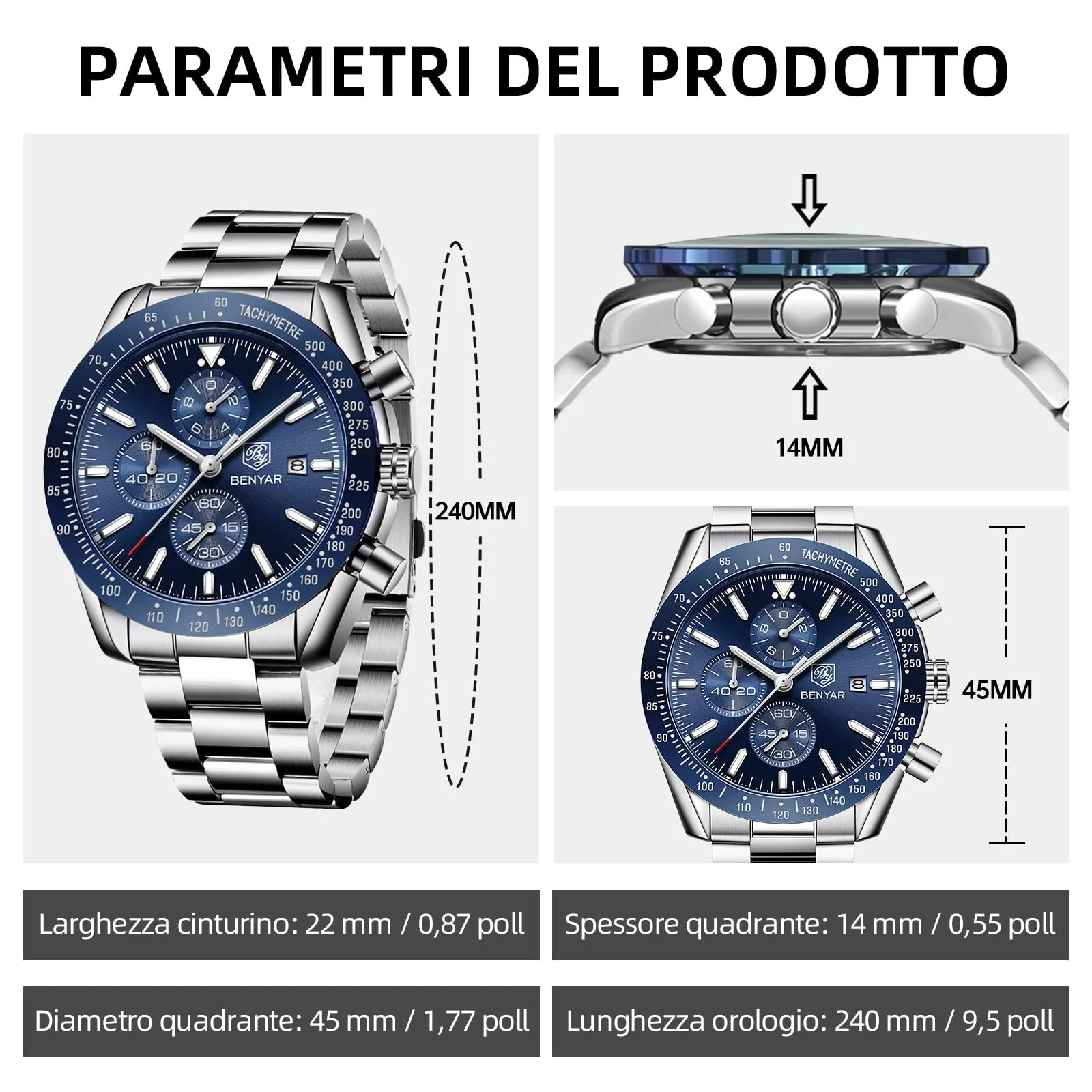 BENYAR Orologio da Uomo Cronografo Analogico al Quarzo, Acciaio Inox, Argento Blu, FGBY5140BLUESIL - immagine 6