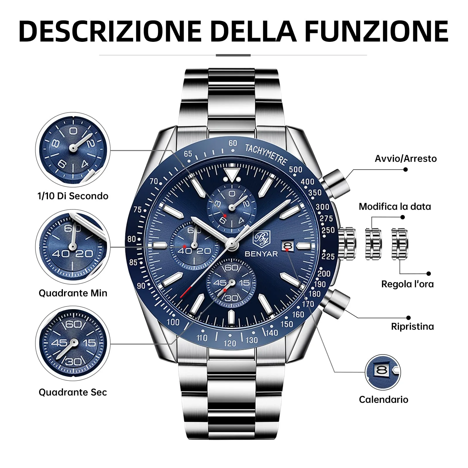 BENYAR Orologio da Uomo Cronografo Analogico al Quarzo, Acciaio Inox, Argento Blu, FGBY5140BLUESIL - immagine 7