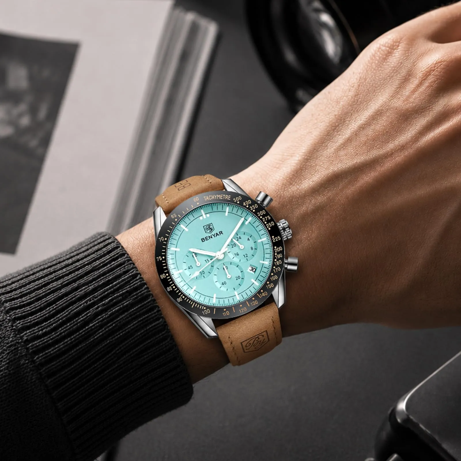 BENYAR Orologio da Uomo Cronografo Analogico al Quarzo BY-5140, Cinturino in Pelle, Verde Tiffany - immagine 2