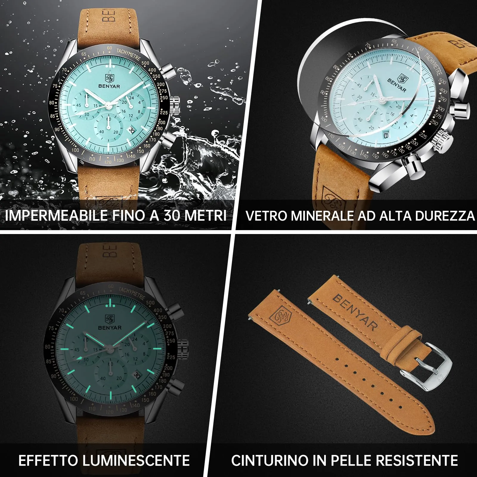 BENYAR Orologio da Uomo Cronografo Analogico al Quarzo BY-5140, Cinturino in Pelle, Verde Tiffany - immagine 5