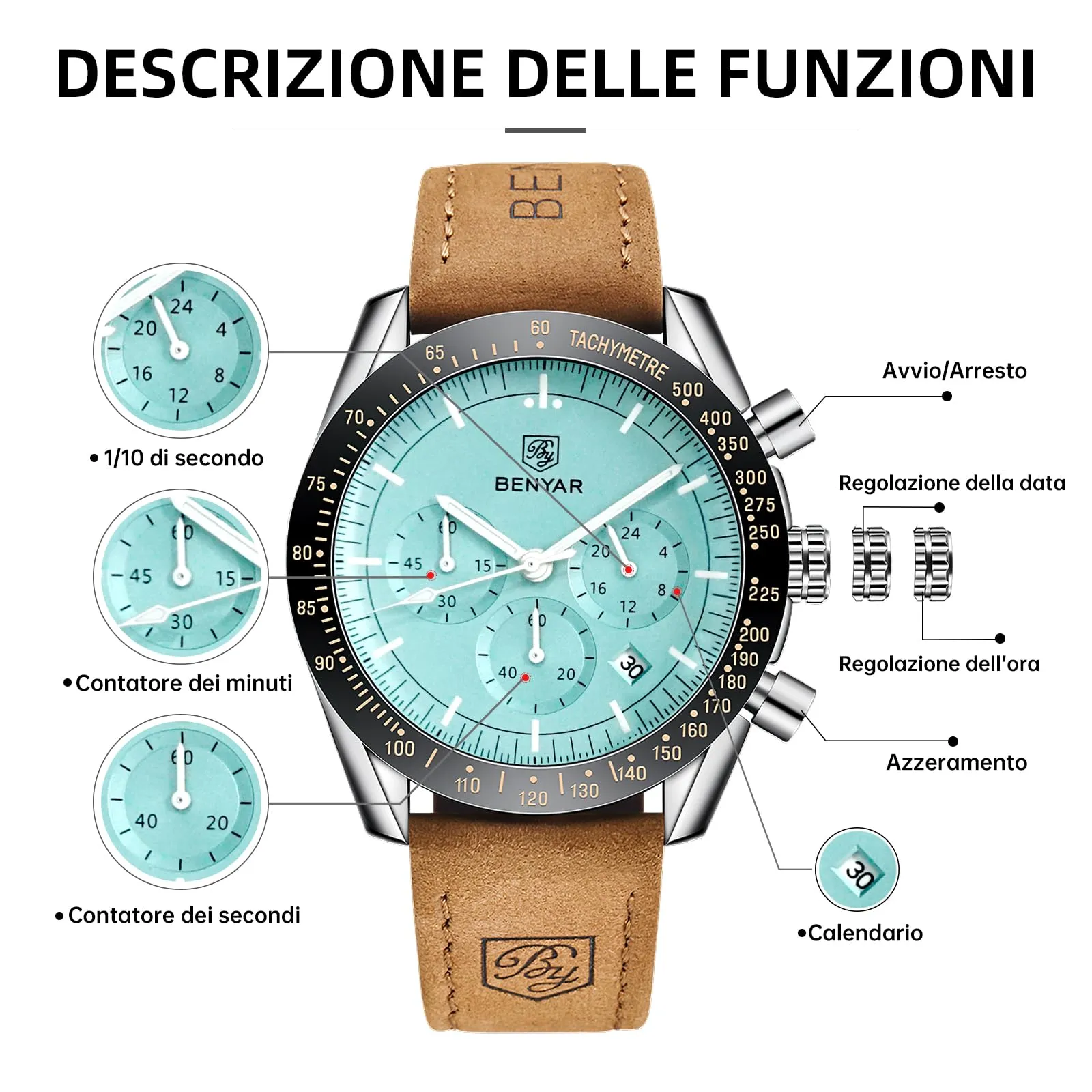 BENYAR Orologio da Uomo Cronografo Analogico al Quarzo BY-5140, Cinturino in Pelle, Verde Tiffany - immagine 6
