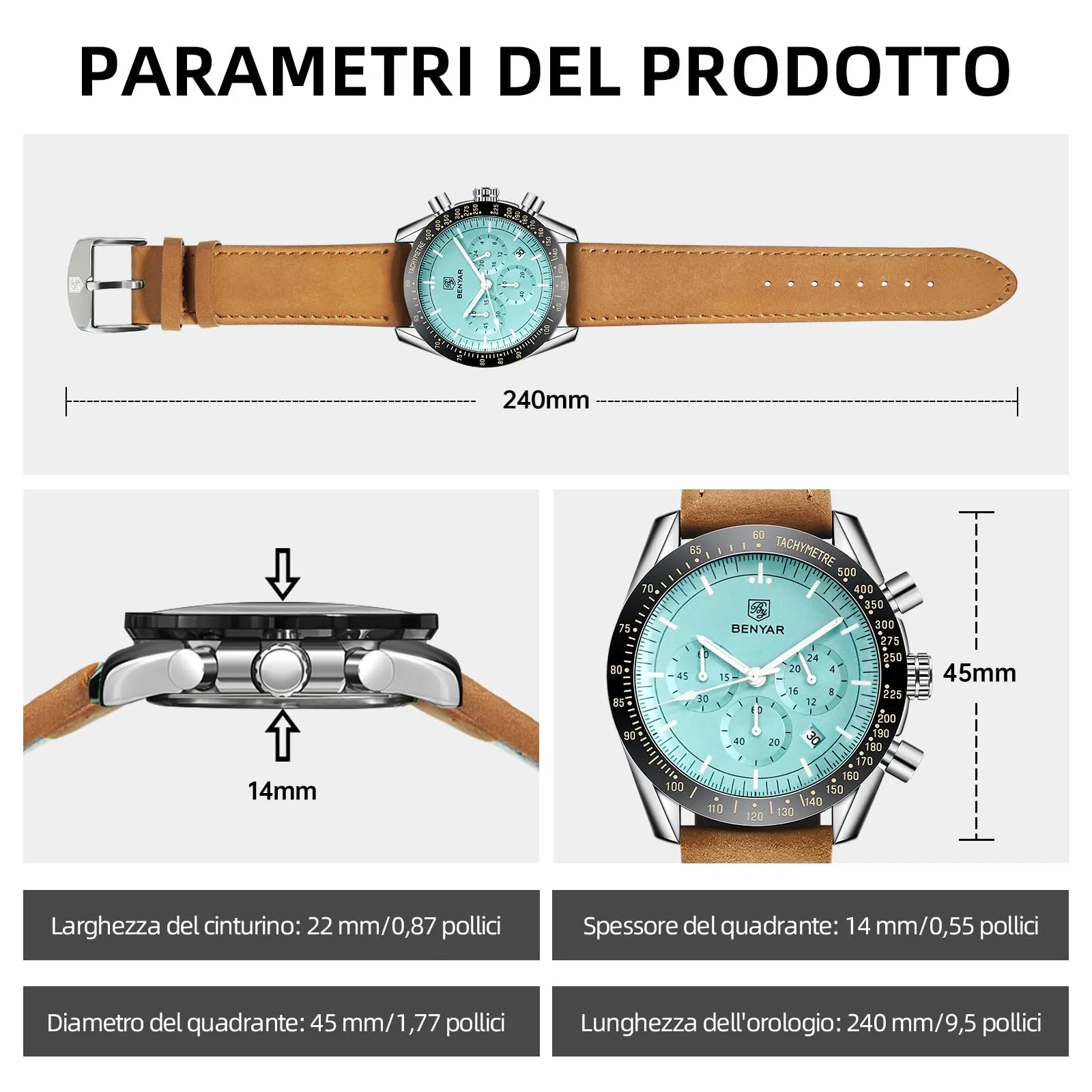BENYAR Orologio da Uomo Cronografo Analogico al Quarzo BY-5140, Cinturino in Pelle, Verde Tiffany - immagine 7