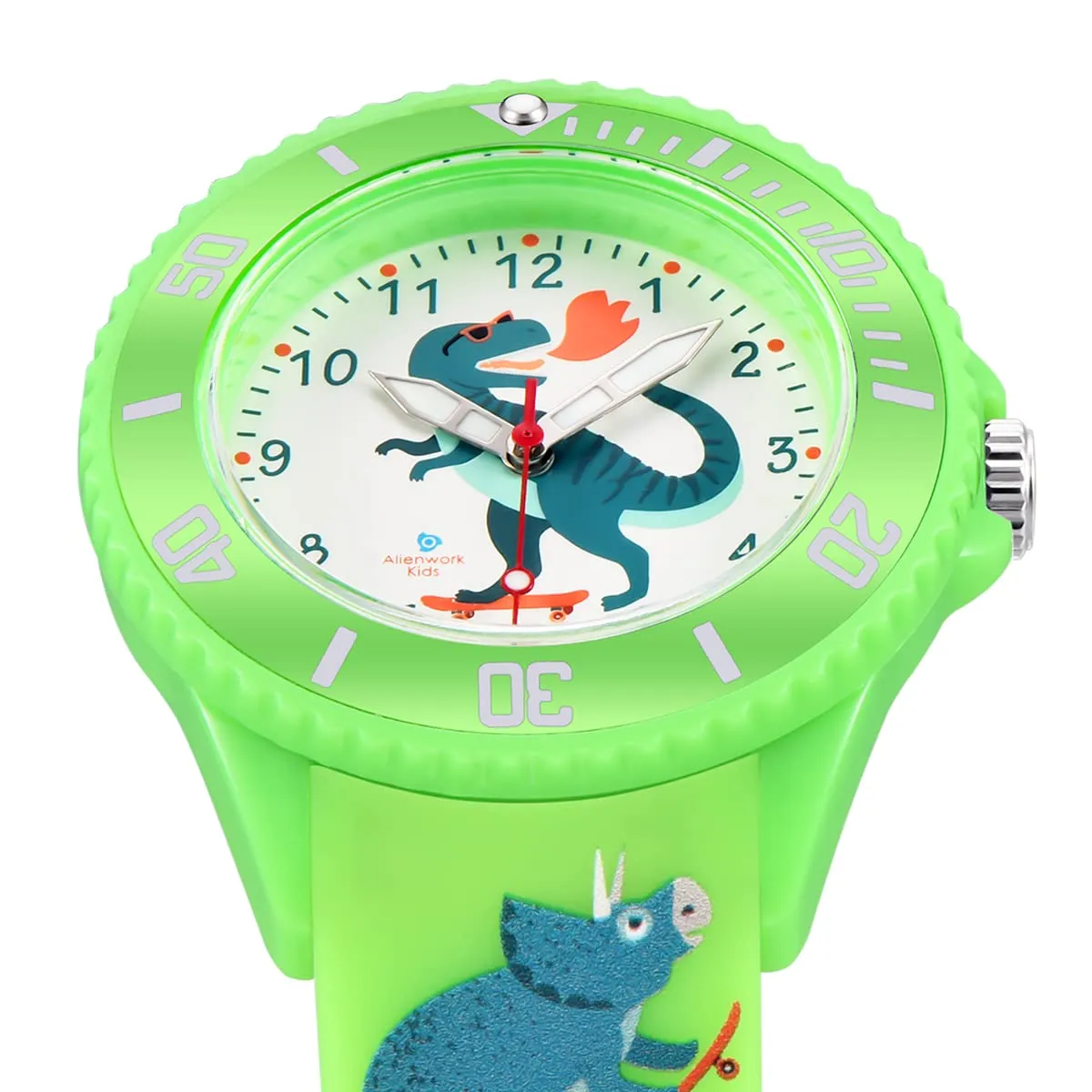 Alienwork Kids Dino T-Rex Learning Watch, Green Silicone Strap, Waterproof 5 ATM - immagine 2