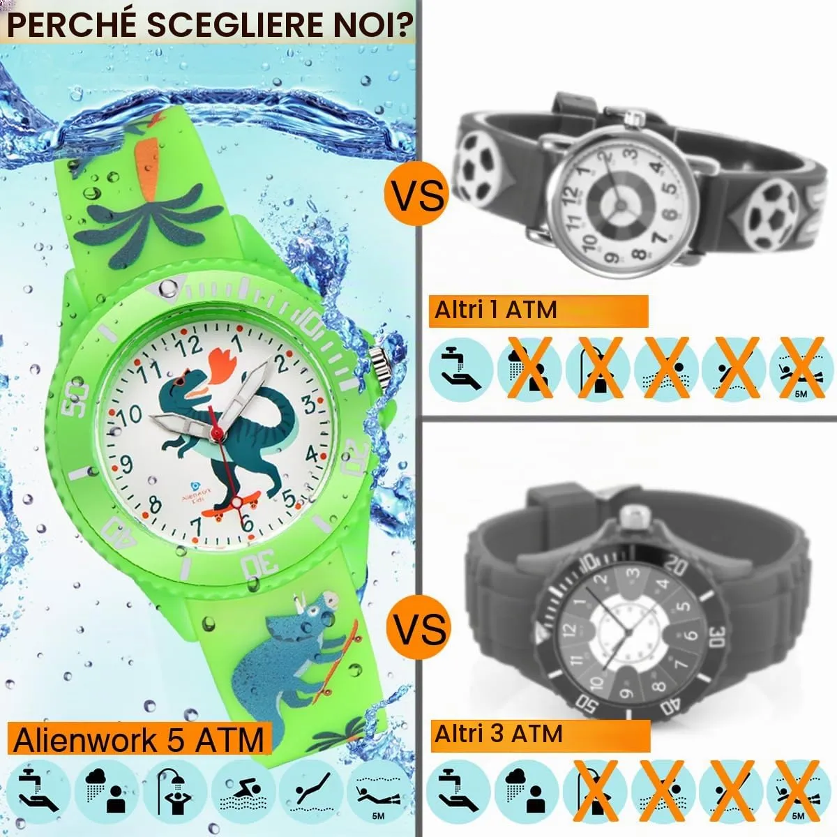 Alienwork Kids Dino T-Rex Learning Watch, Green Silicone Strap, Waterproof 5 ATM - immagine 5