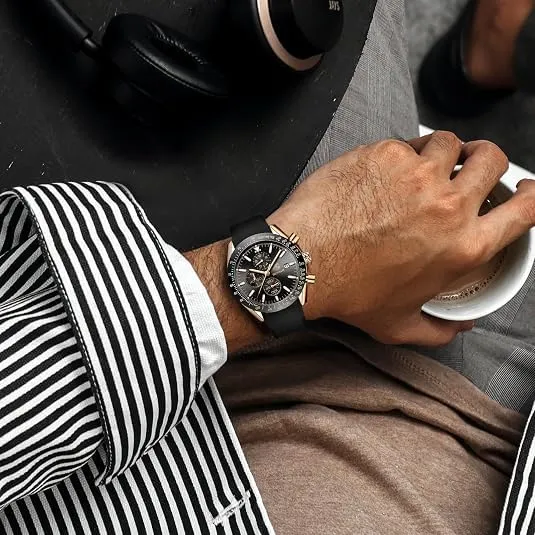 BENYAR Orologio da Uomo Cronografo Analogico al Quarzo BY-5140-Gold Black, Cinturino in Silicone, 30M Impermeabile, Nero Oro - immagine 2